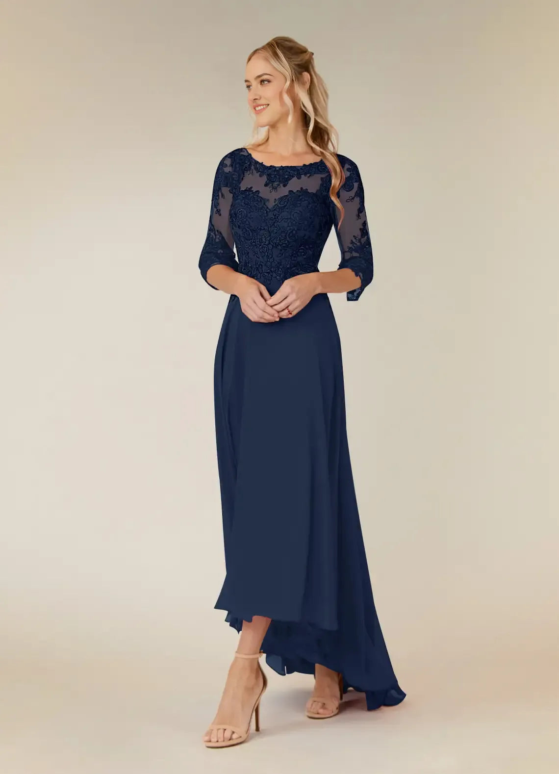 Elegant Dark Navy A-Line Lace Chiffon Blue Mother of the Bride Dress Illusion Neckline Sheer 3/4 Sleeves Embroidered