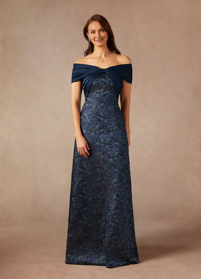 Elegant Dark Navy A-Line Off the Shoulder Jacquard Mother of the Bride Dress with Twisted Bodice Overlay and Textured Lace Skirt