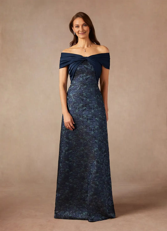 Elegant Dark Navy A-Line Off the Shoulder Jacquard Mother of the Bride Dress with Twisted Bodice Overlay and Textured Lace Skirt
