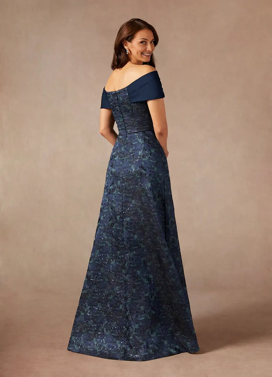 Elegant Dark Navy A-Line Off the Shoulder Jacquard Mother of the Bride Dress with Twisted Bodice Overlay and Textured Lace Skirt