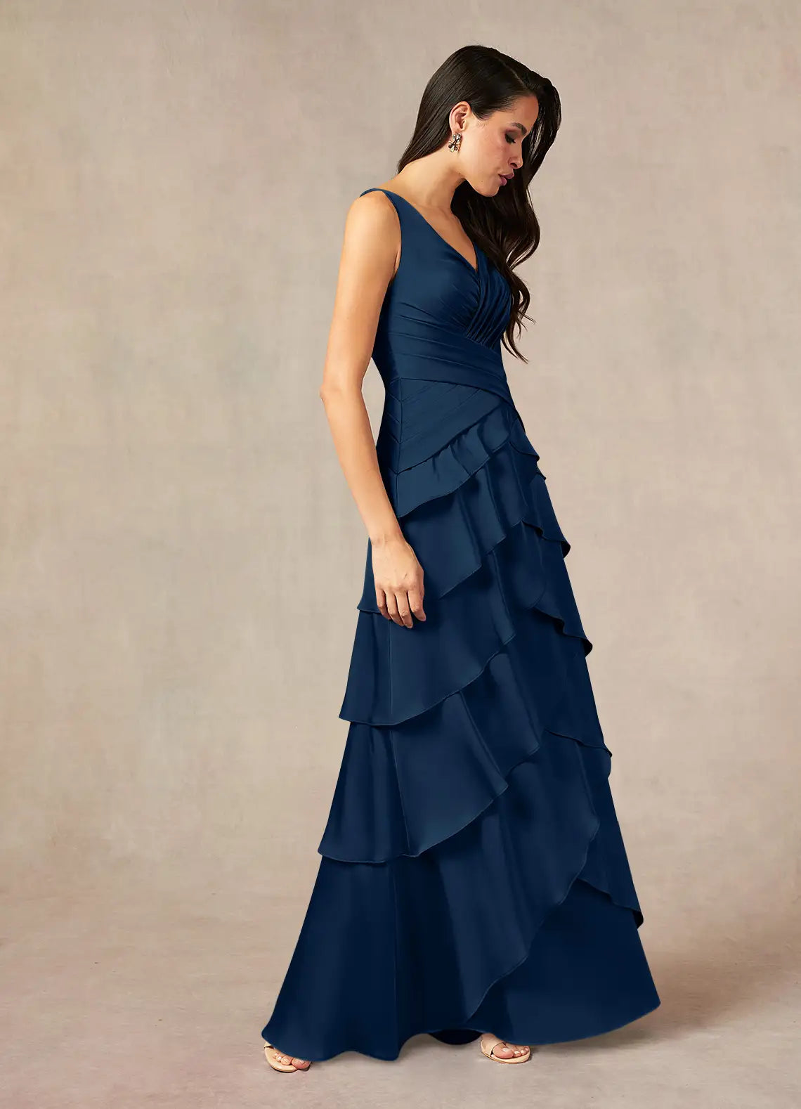 Elegant Dark Navy A-Line Pleated Satin Mother of the Bride Dresses for Evening Sleeveless V - Neck Tiered Ruffled Skirt
