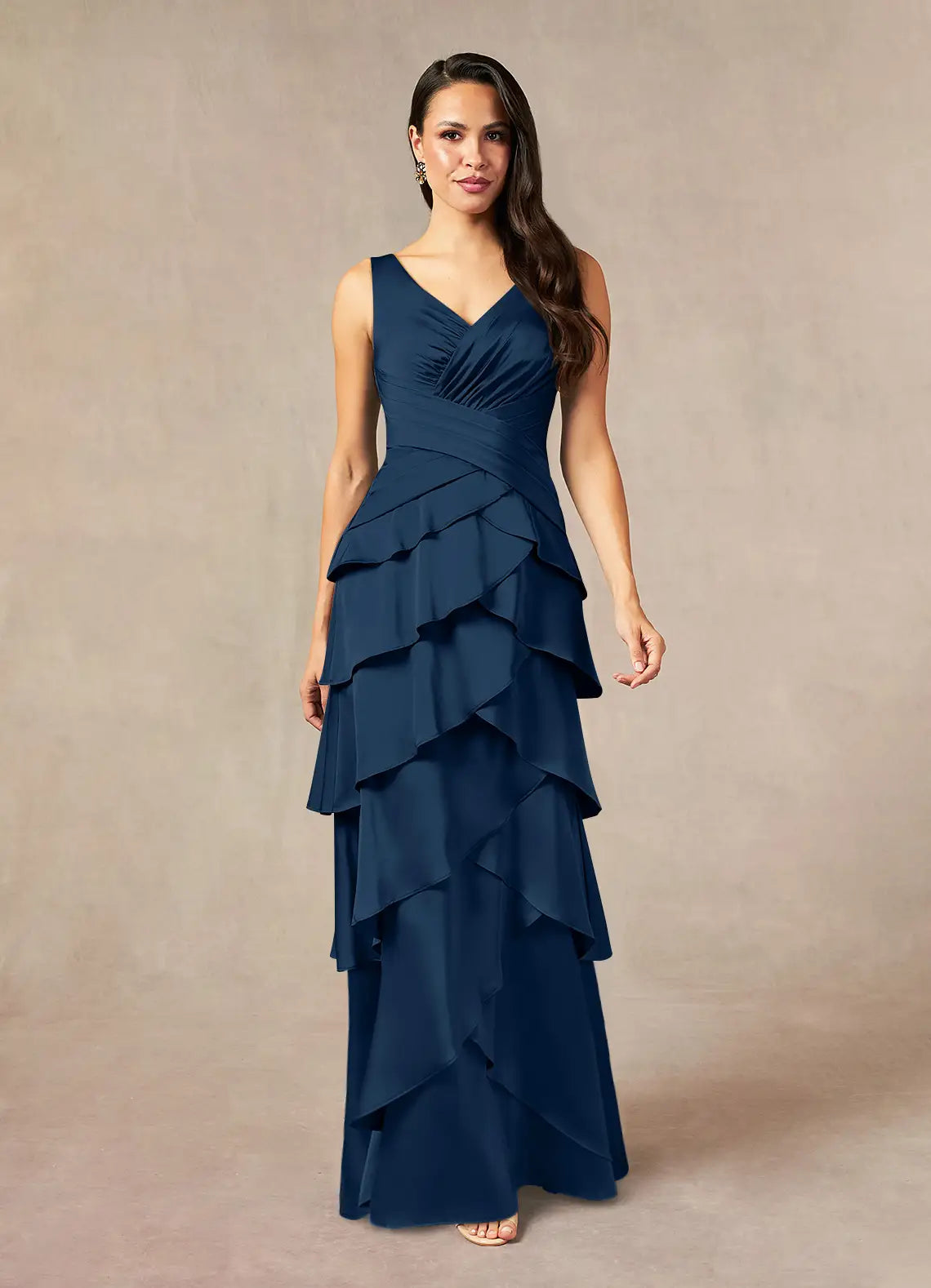 Elegant Dark Navy A-Line Pleated Satin Mother of the Bride Dresses for Evening Sleeveless V - Neck Tiered Ruffled Skirt