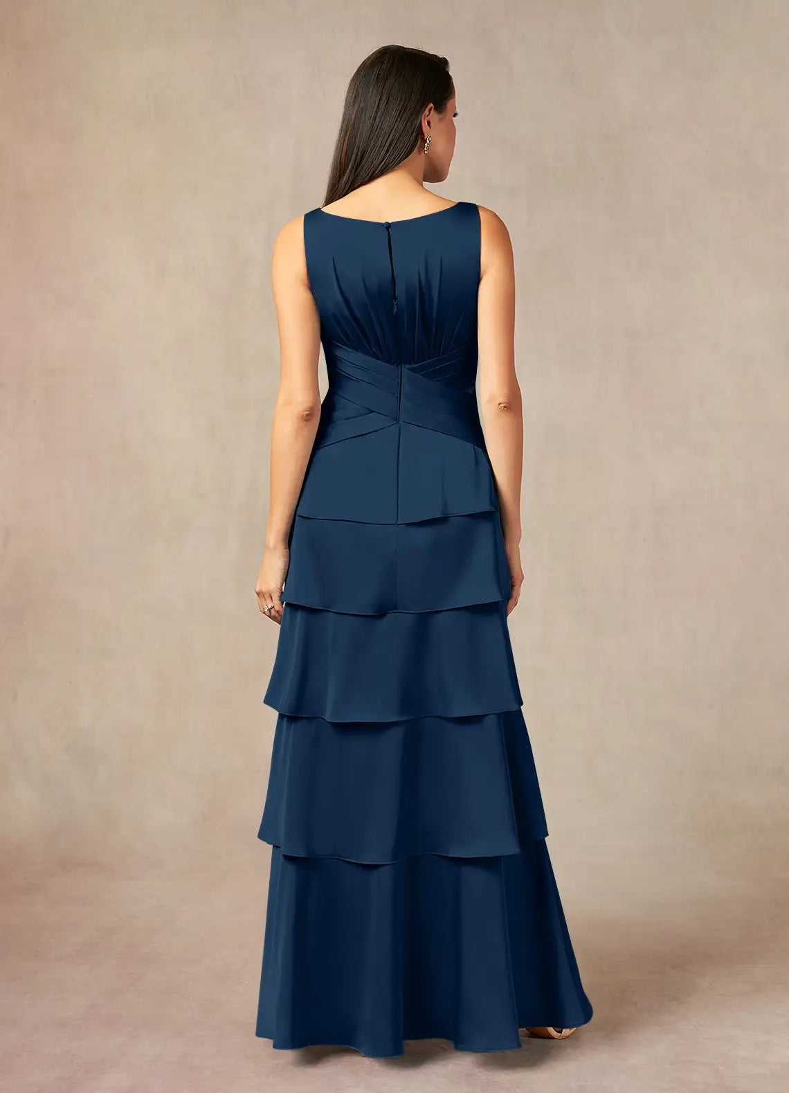 Elegant Dark Navy A-Line Pleated Satin Mother of the Bride Dresses for Evening Sleeveless V - Neck Tiered Ruffled Skirt