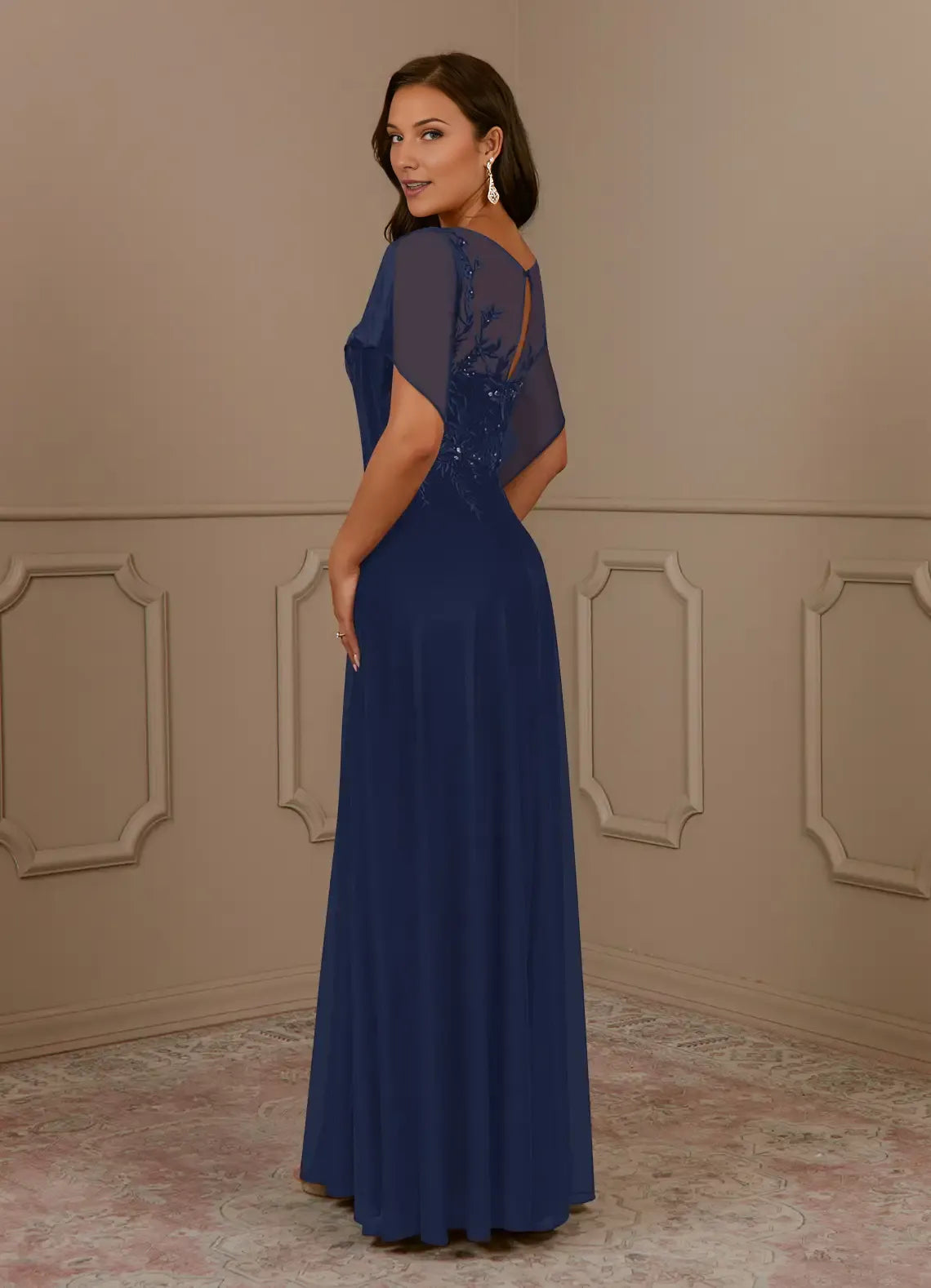 Elegant Dark Navy A-Line Sequins Mesh  Mother of the Bride Dress with Sheer Chiffon Flutter Sleeves Embroidered Floral Bodice