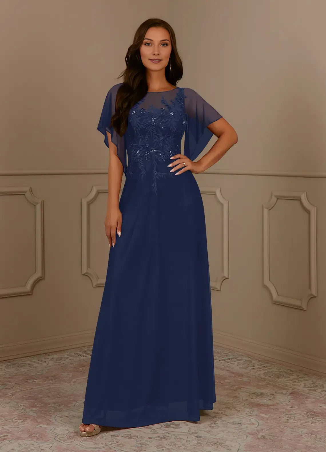 Elegant Dark Navy A-Line Sequins Mesh  Mother of the Bride Dress with Sheer Chiffon Flutter Sleeves Embroidered Floral Bodice