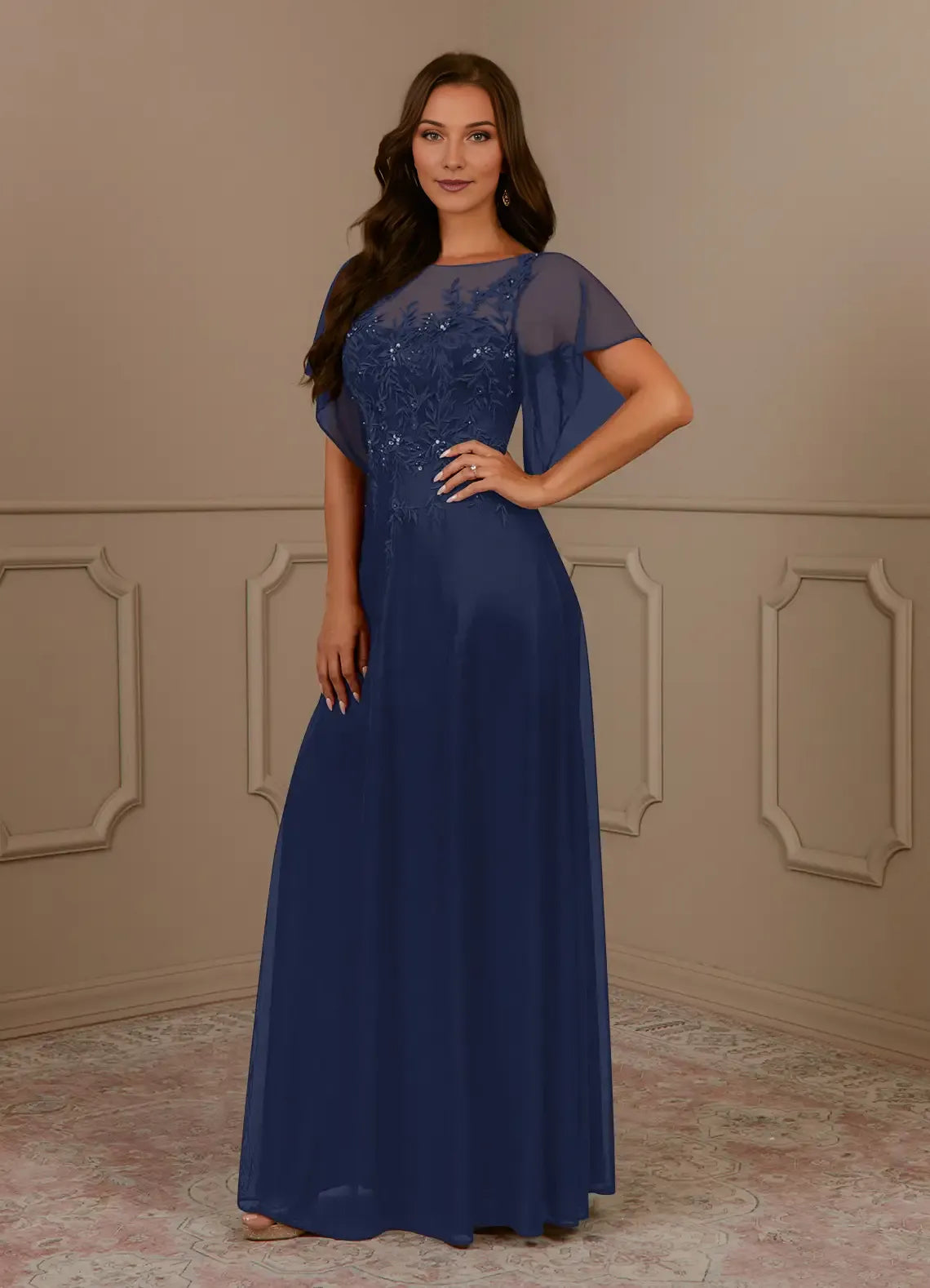 Elegant Dark Navy A-Line Sequins Mesh  Mother of the Bride Dress with Sheer Chiffon Flutter Sleeves Embroidered Floral Bodice
