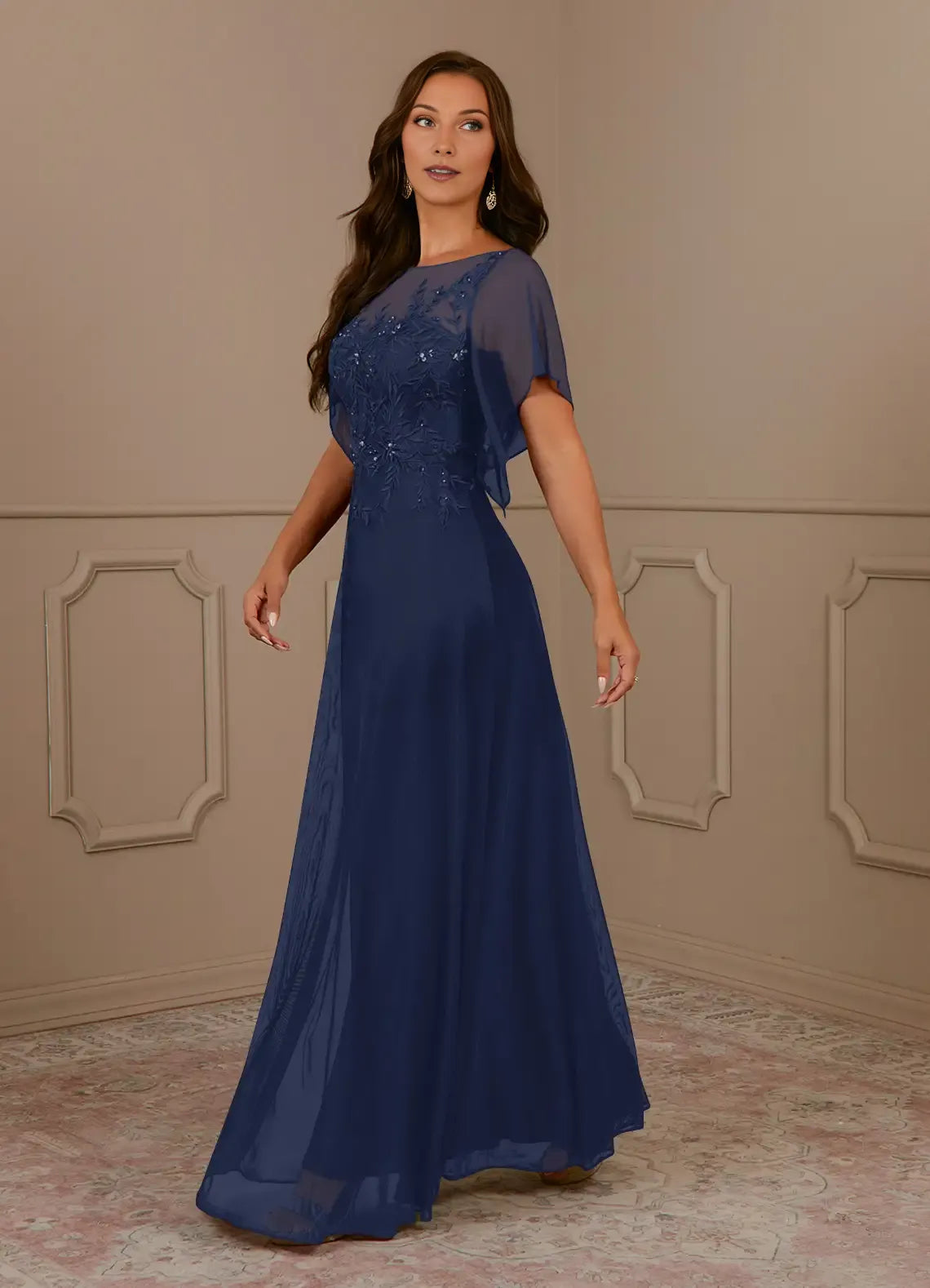 Elegant Dark Navy A-Line Sequins Mesh  Mother of the Bride Dress with Sheer Chiffon Flutter Sleeves Embroidered Floral Bodice