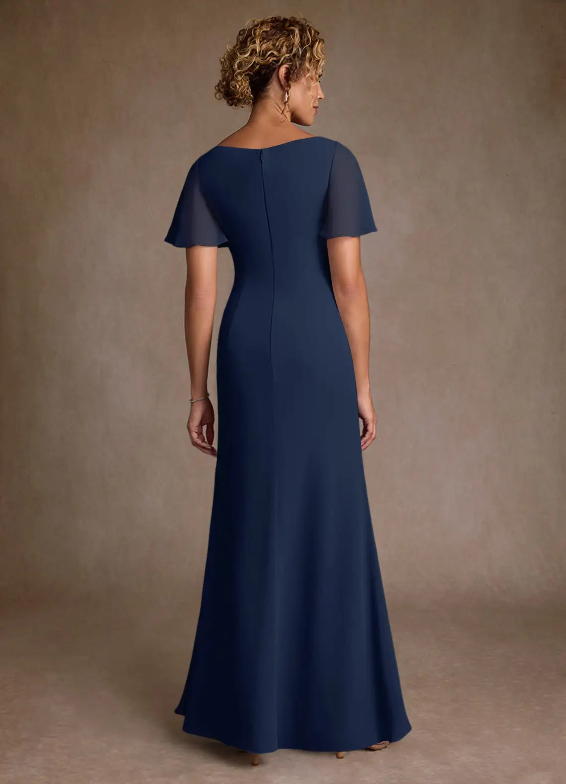 Elegant Dark Navy A-Line V-Neck Chiffon Bell-Sleeve Beaded Pleated Back Zip High-Slit Floor-Length Mother of the Bride Dress
