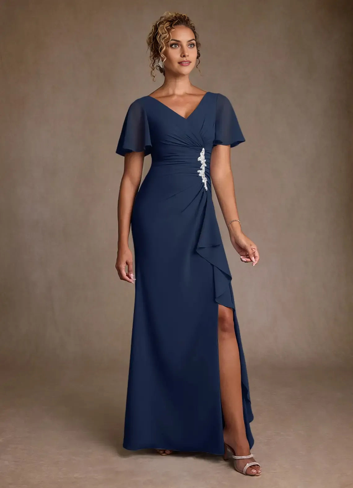 Elegant Dark Navy A-Line V-Neck Chiffon Bell-Sleeve Beaded Pleated Back Zip High-Slit Floor-Length Mother of the Bride Dress