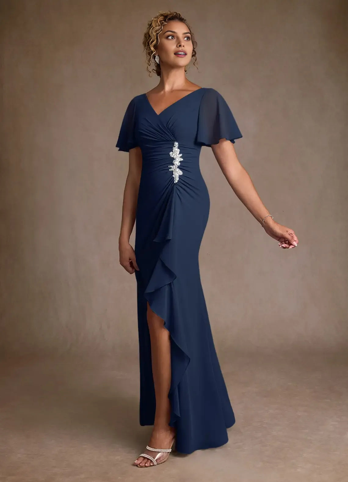 Elegant Dark Navy A-Line V-Neck Chiffon Bell-Sleeve Beaded Pleated Back Zip High-Slit Floor-Length Mother of the Bride Dress