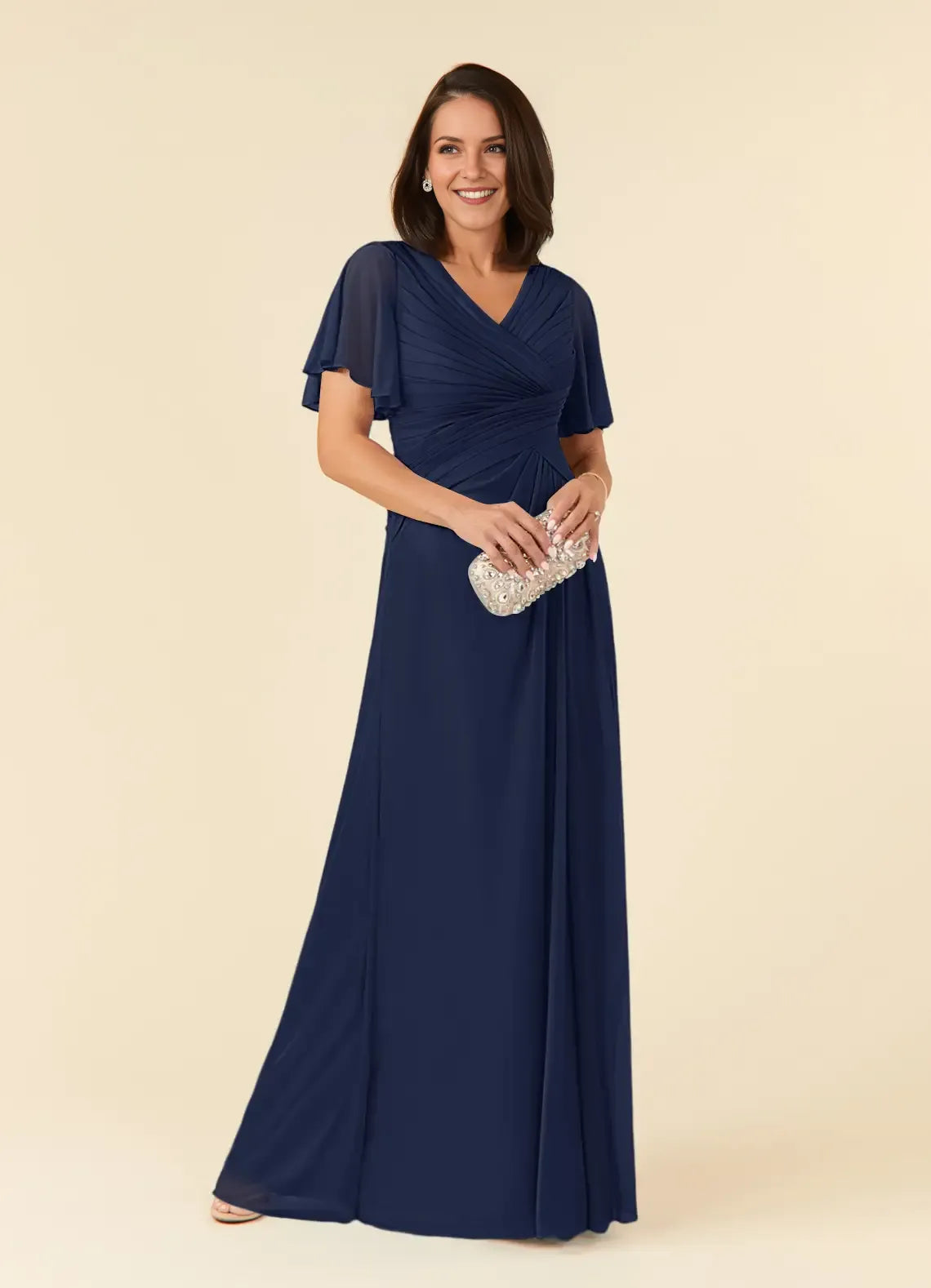 Elegant Dark Navy A-Line V-Neck Flutter-Sleeve Ruched V Back Back Zip Floor-Length Mother of the Bride Dress