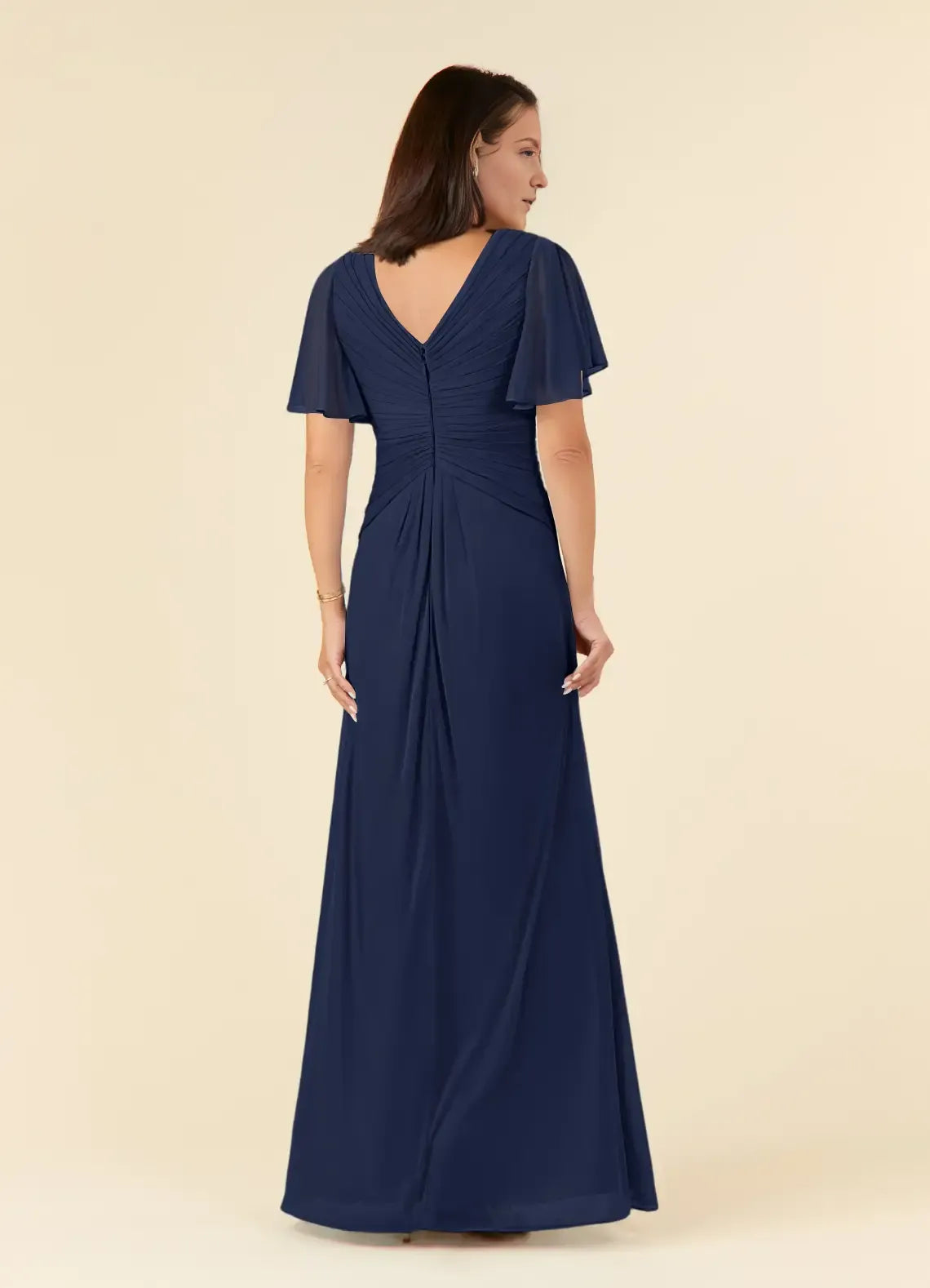 Elegant Dark Navy A-Line V-Neck Flutter-Sleeve Ruched V Back Back Zip Floor-Length Mother of the Bride Dress