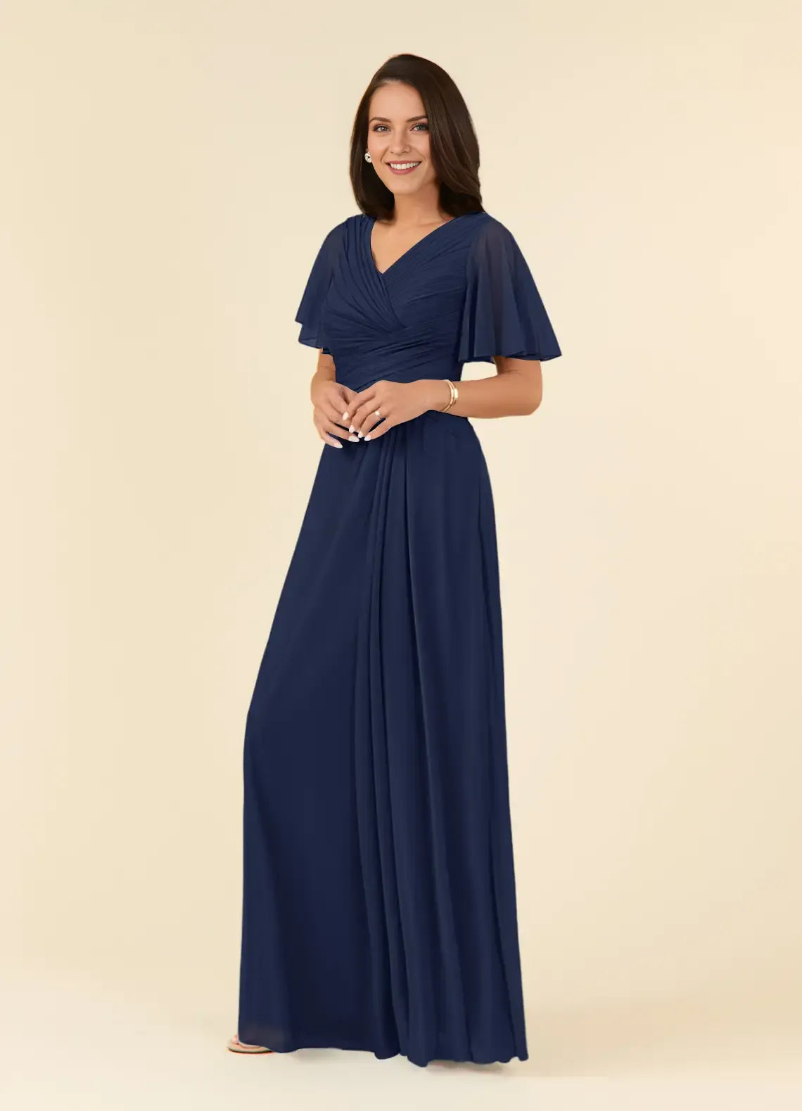 Elegant Dark Navy A-Line V-Neck Flutter-Sleeve Ruched V Back Back Zip Floor-Length Mother of the Bride Dress
