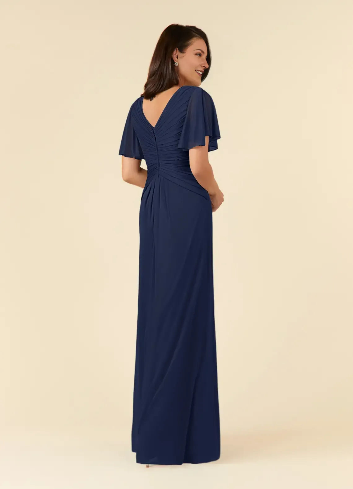 Elegant Dark Navy A-Line V-Neck Flutter-Sleeve Ruched V Back Back Zip Floor-Length Mother of the Bride Dress