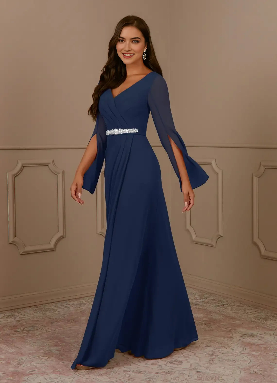 Elegant Dark Navy A-Line V-Neck Pleated Chiffon Mother of the Bride Dress V - Neck Sheer Chiffon Bell Sleeves Rhinestone Embellished Waistband Flowy Floor Length Skirt