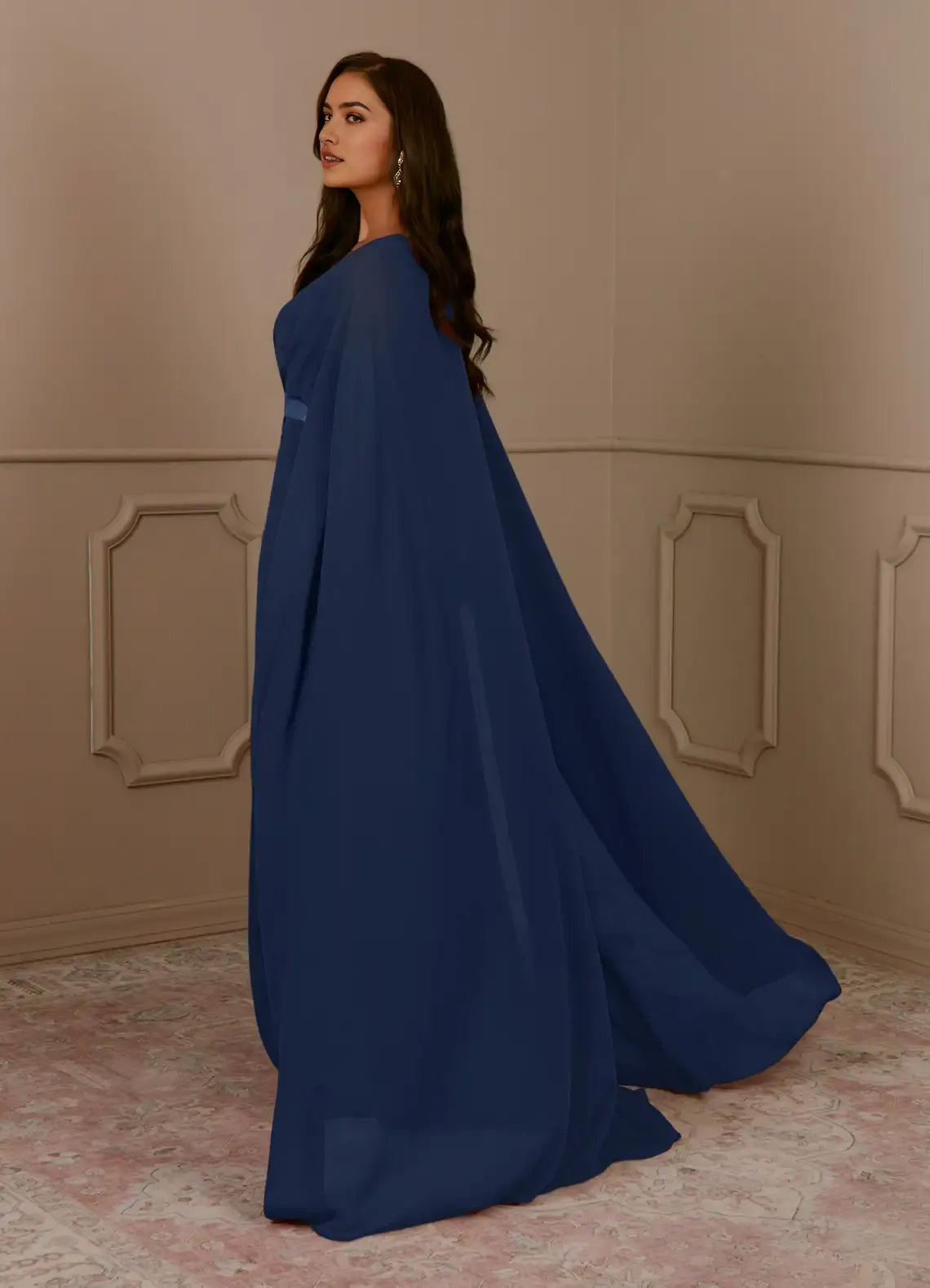 Elegant Dark Navy A-Line V-Neck Pleated Chiffon Mother of the Bride Dress  with V - Neck Chiffon Cape  Sash Detai