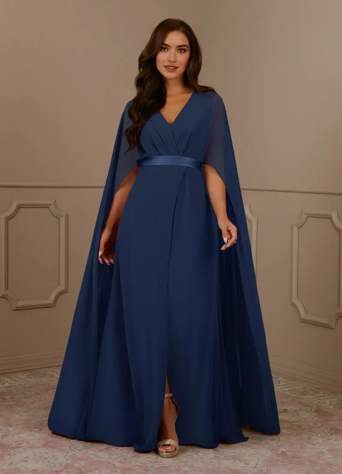Elegant Dark Navy A-Line V-Neck Pleated Chiffon Mother of the Bride Dress  with V - Neck Chiffon Cape  Sash Detai