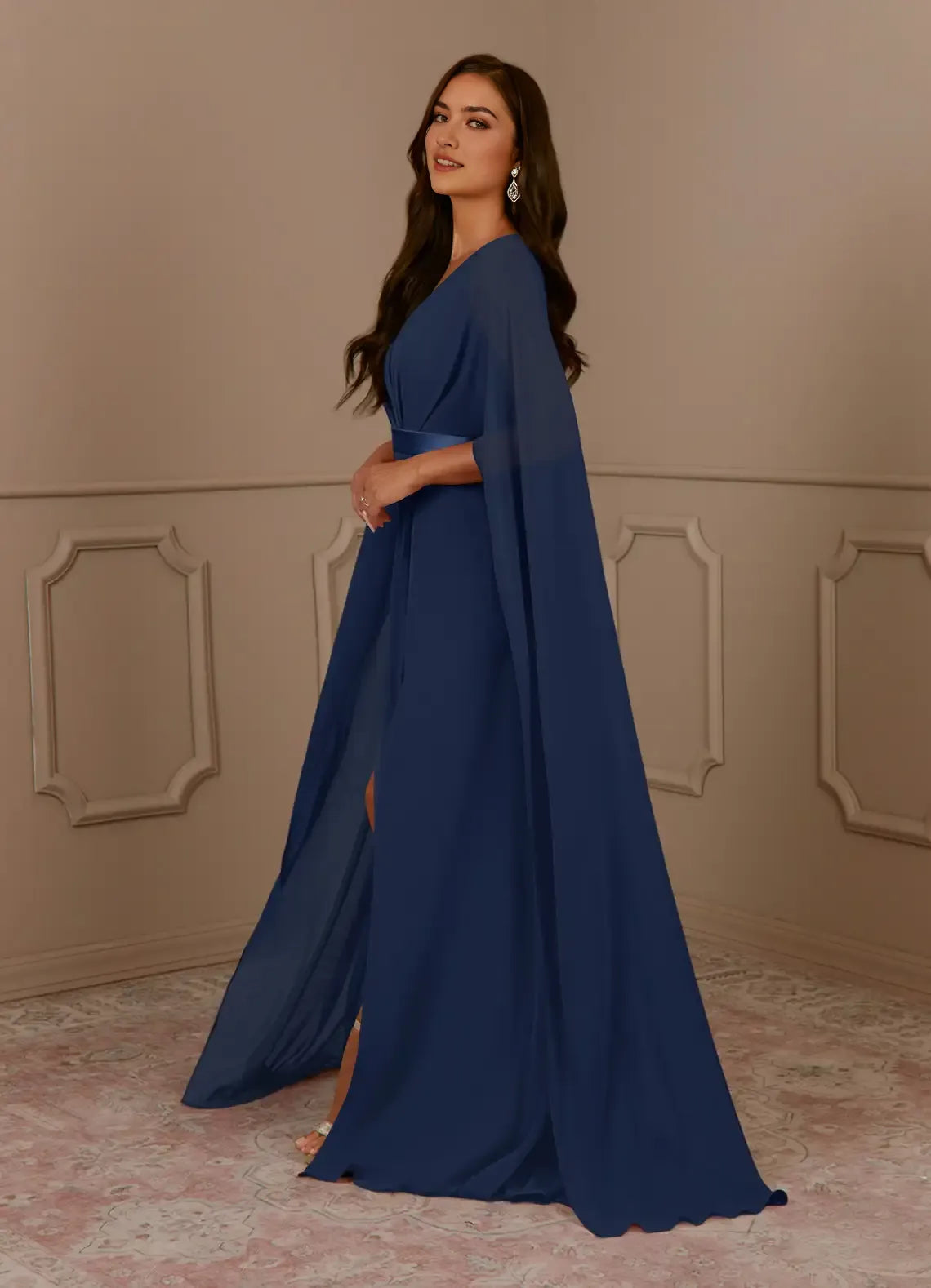 Elegant Dark Navy A-Line V-Neck Pleated Chiffon Mother of the Bride Dress  with V - Neck Chiffon Cape  Sash Detai