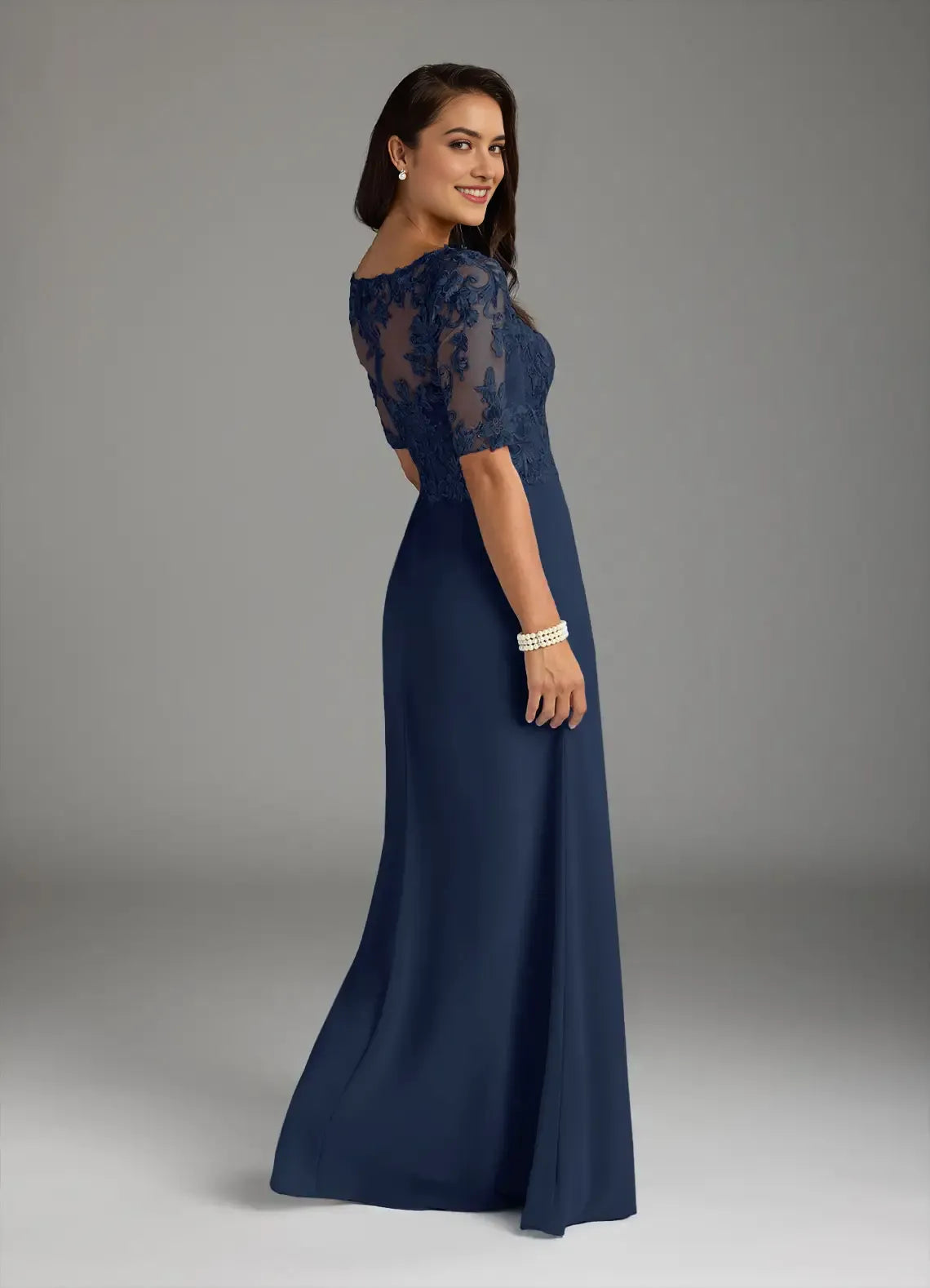 Elegant Dark Navy A-Line V-Neck short sleeves Lace Chiffon Mother of the Bride Dresses Bodice hot sale