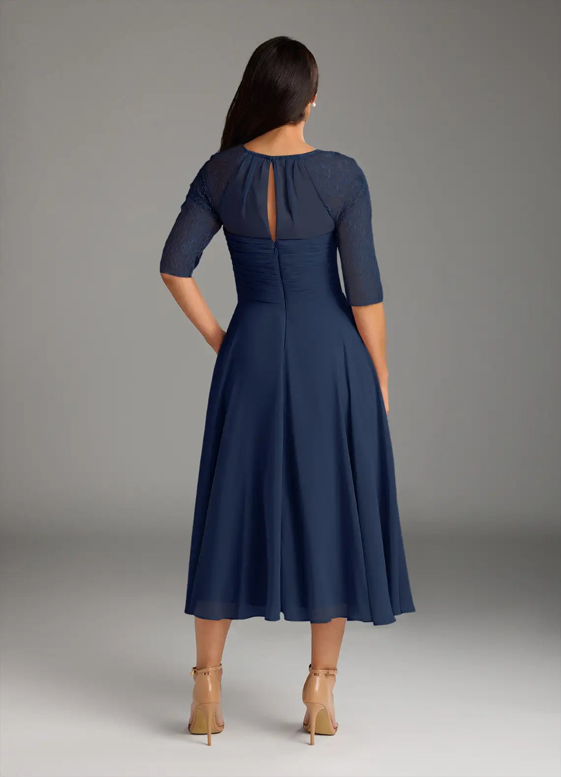 Elegant Dark Navy A-Line lace Chiffon  Mother of the Bride Dress Round Neckline Sheer 3/4 Sleeves Draped Ruched Detailing Hot Sale