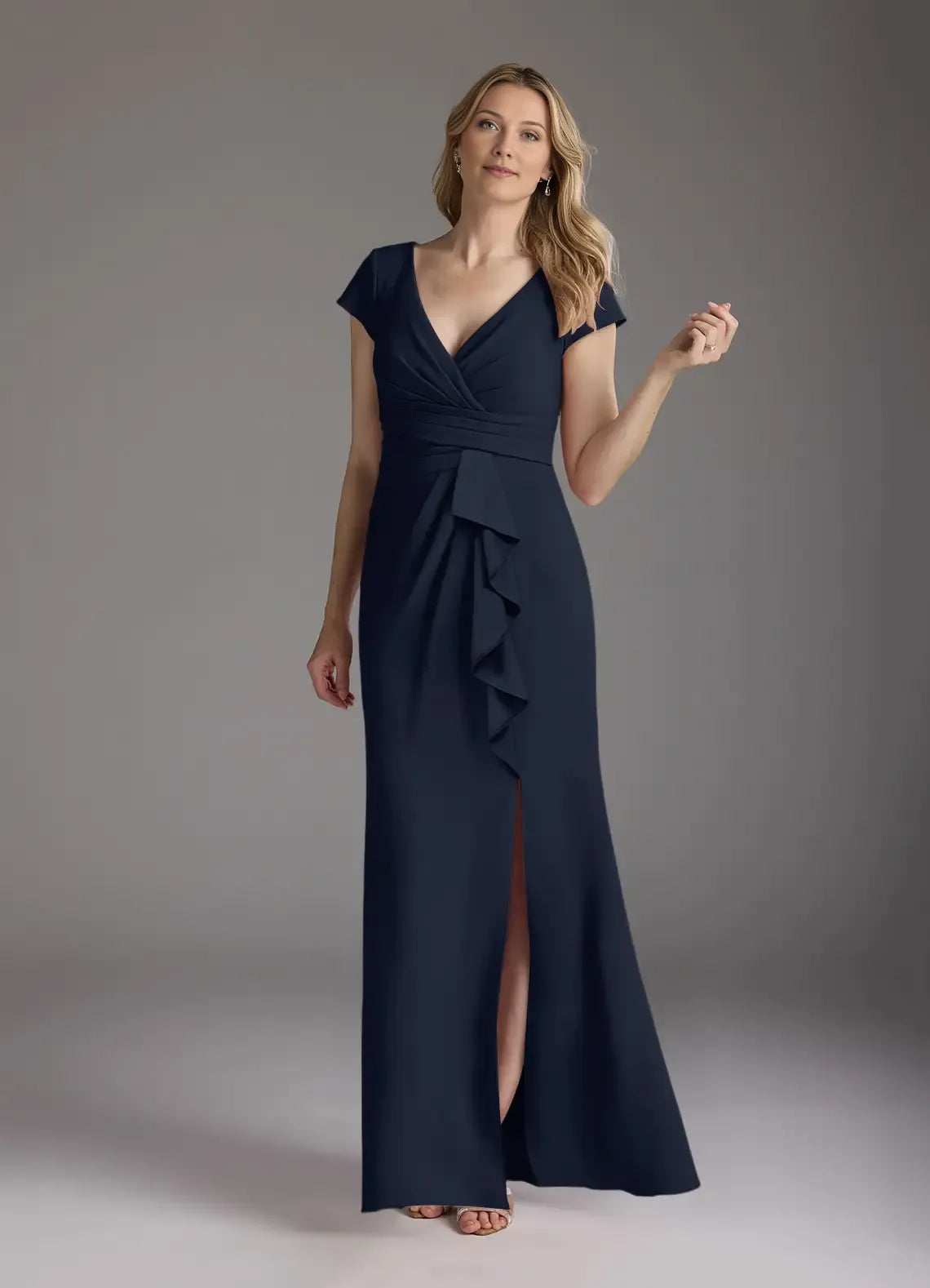 Elegant Dark Navy Mermaid V-Neck Pleated Crepe Mother of the Bride Dress with line Cap Sleeves Ruched Waist Ruffled Side Detailing and Front Slit