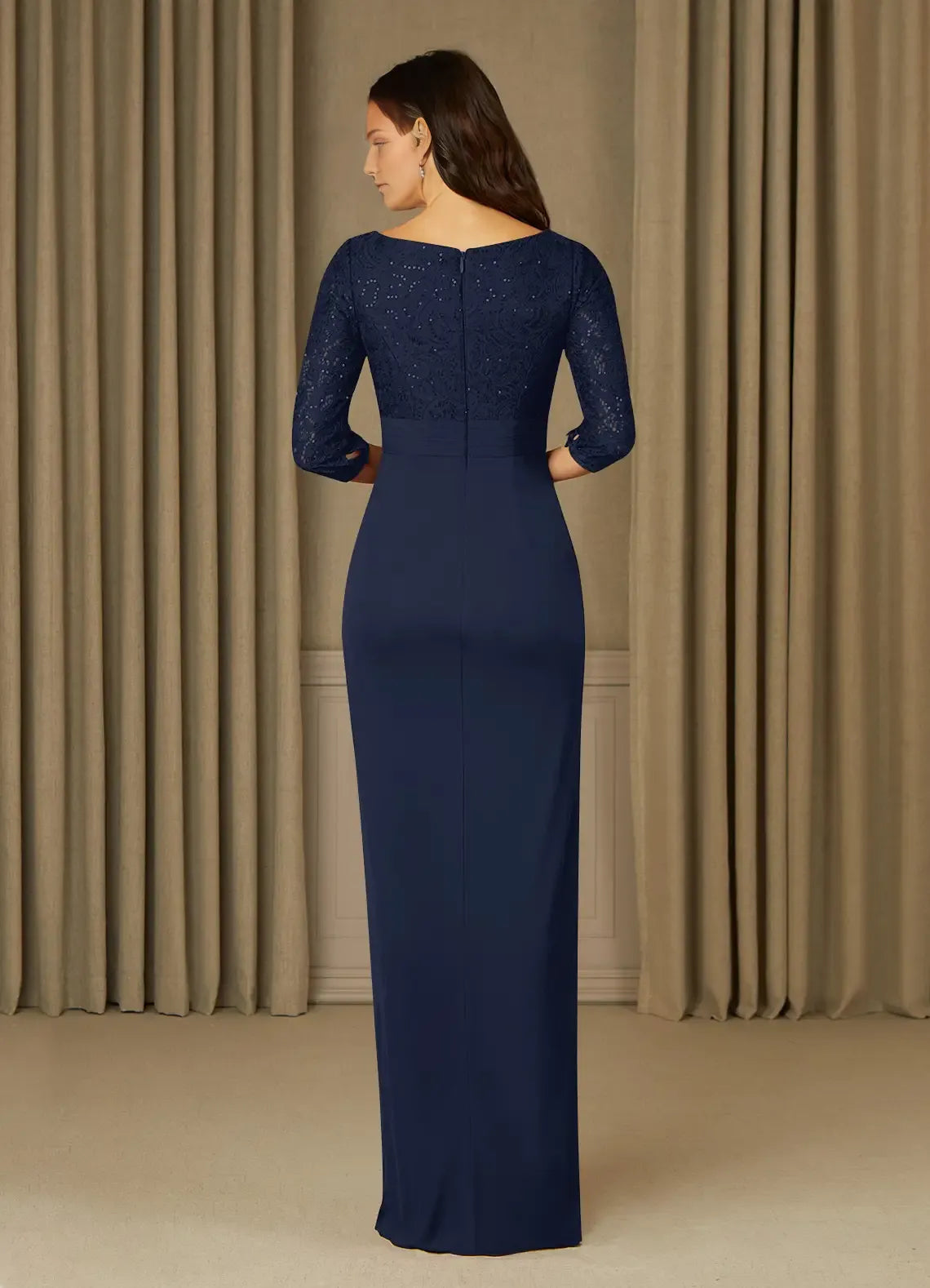 Elegant Dark Navy Sheath Scoop Sequins Lace Mother of the Bride Dress with Embellished Bodice 3/4 Sleeves Draped Skirt