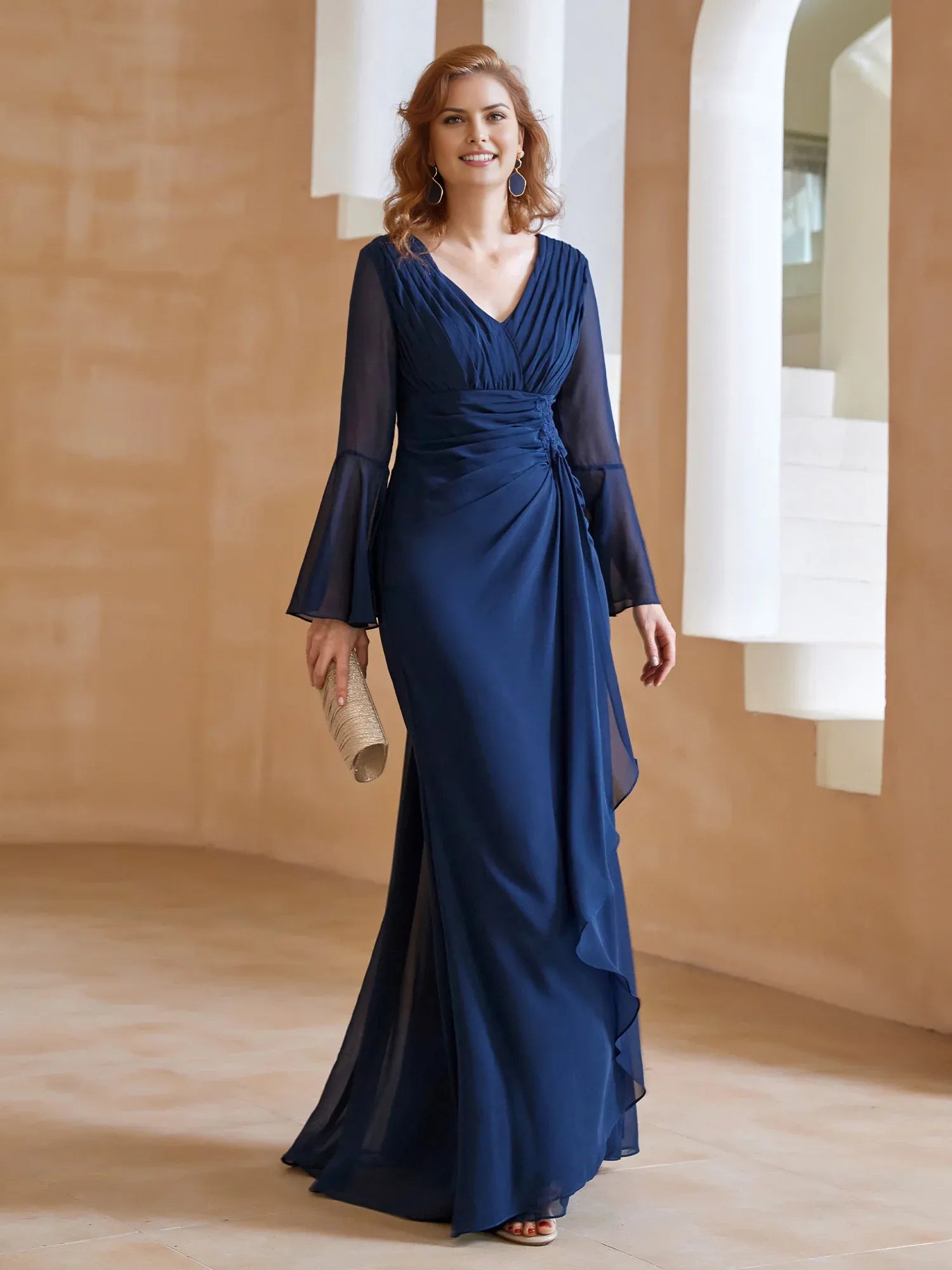 Elegant Dark Navy Sheath V-Neck Chiffon Bell-Sleeve Pleated Ruched Ruffles Back Zip Floor-Length Mother of the Bride Dress