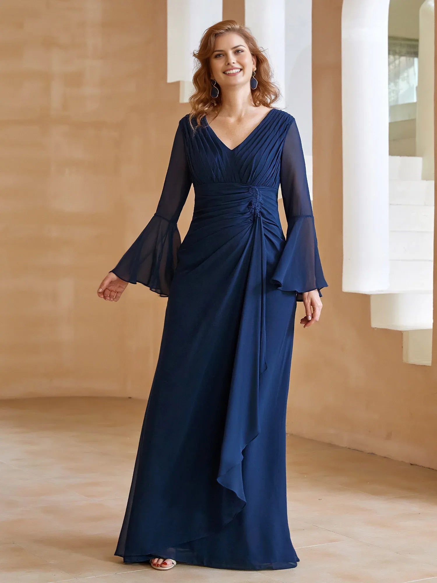 Elegant Dark Navy Sheath V-Neck Chiffon Bell-Sleeve Pleated Ruched Ruffles Back Zip Floor-Length Mother of the Bride Dress