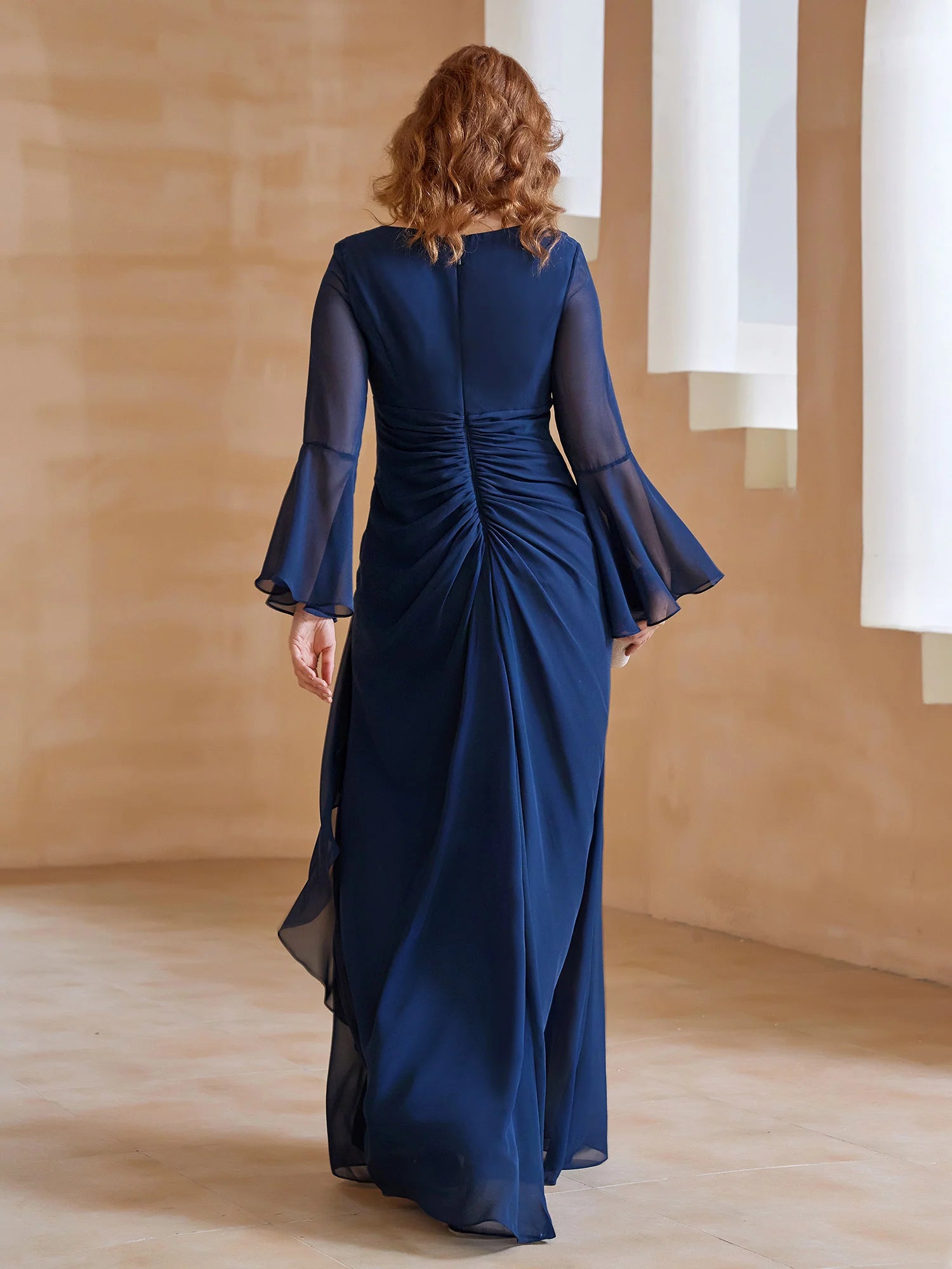 Elegant Dark Navy Sheath V-Neck Chiffon Bell-Sleeve Pleated Ruched Ruffles Back Zip Floor-Length Mother of the Bride Dress