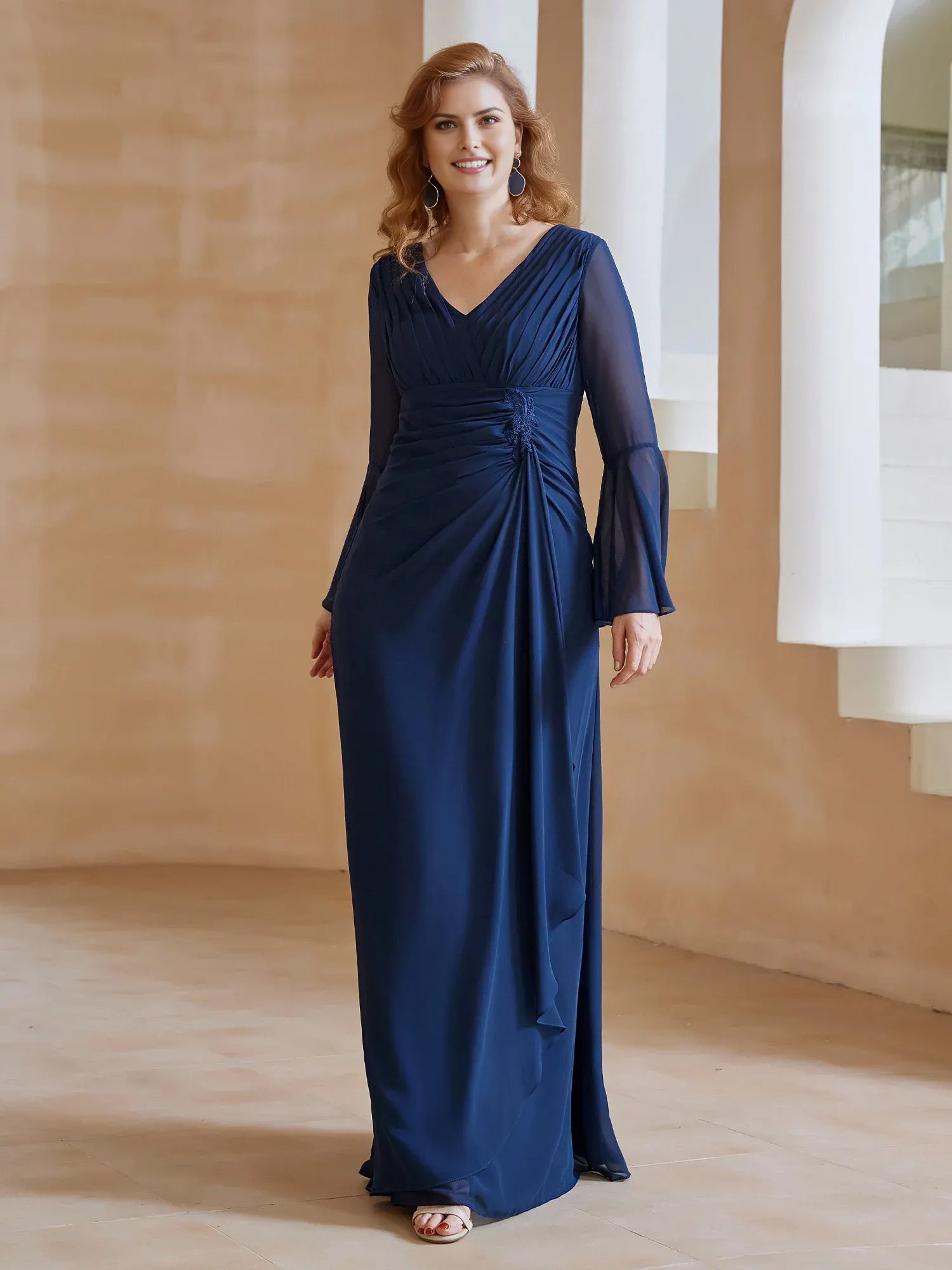 Elegant Dark Navy Sheath V-Neck Chiffon Bell-Sleeve Pleated Ruched Ruffles Back Zip Floor-Length Mother of the Bride Dress