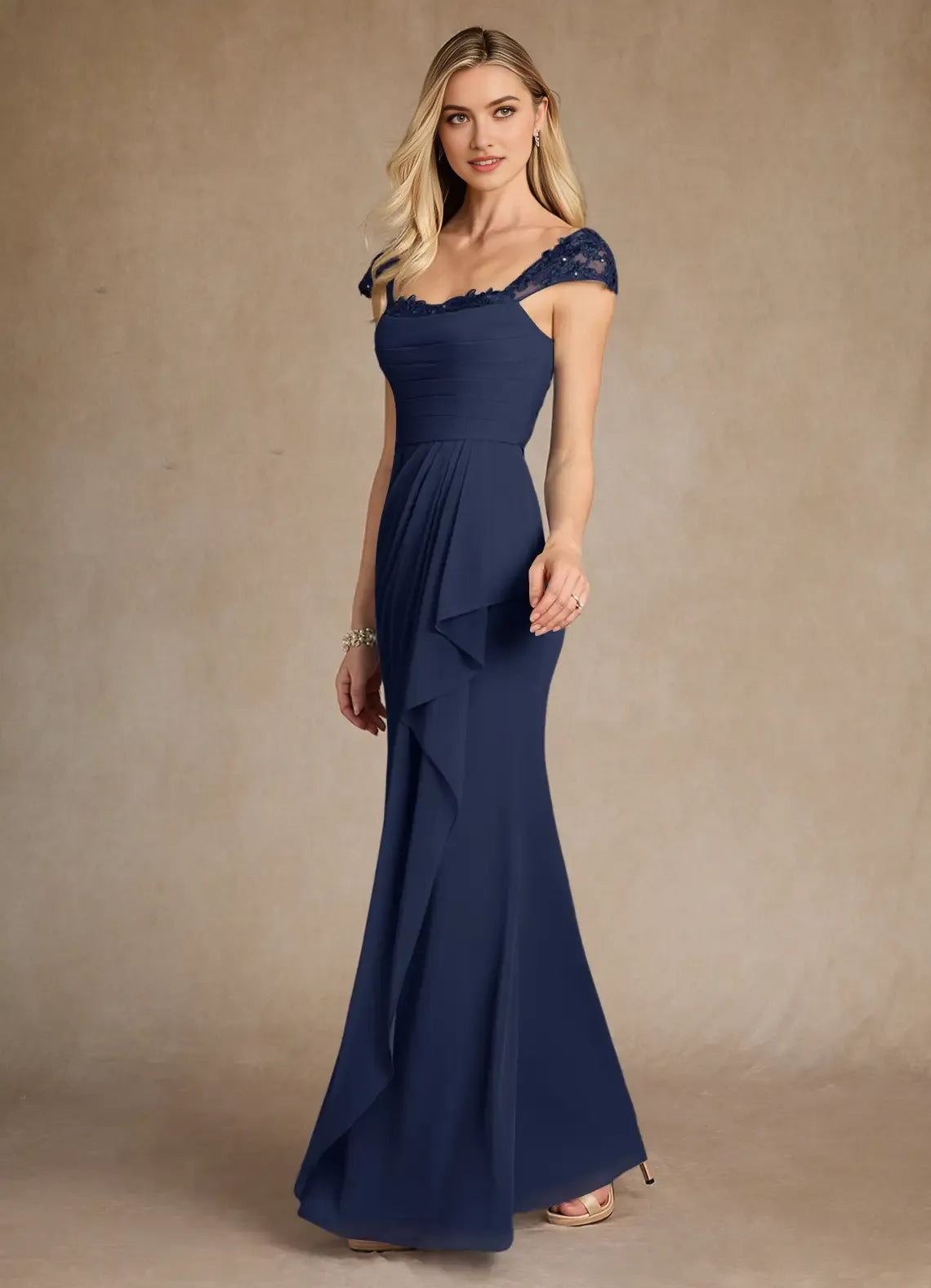 Elegant Dark Navy Unique Mermaid Mother of the Bride Dress with Lace Embellished Shoulder Neckline and Ruched Bodice