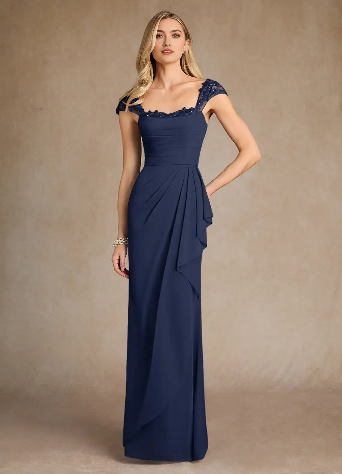 Elegant Dark Navy Unique Mermaid Mother of the Bride Dress with Lace Embellished Shoulder Neckline and Ruched Bodice
