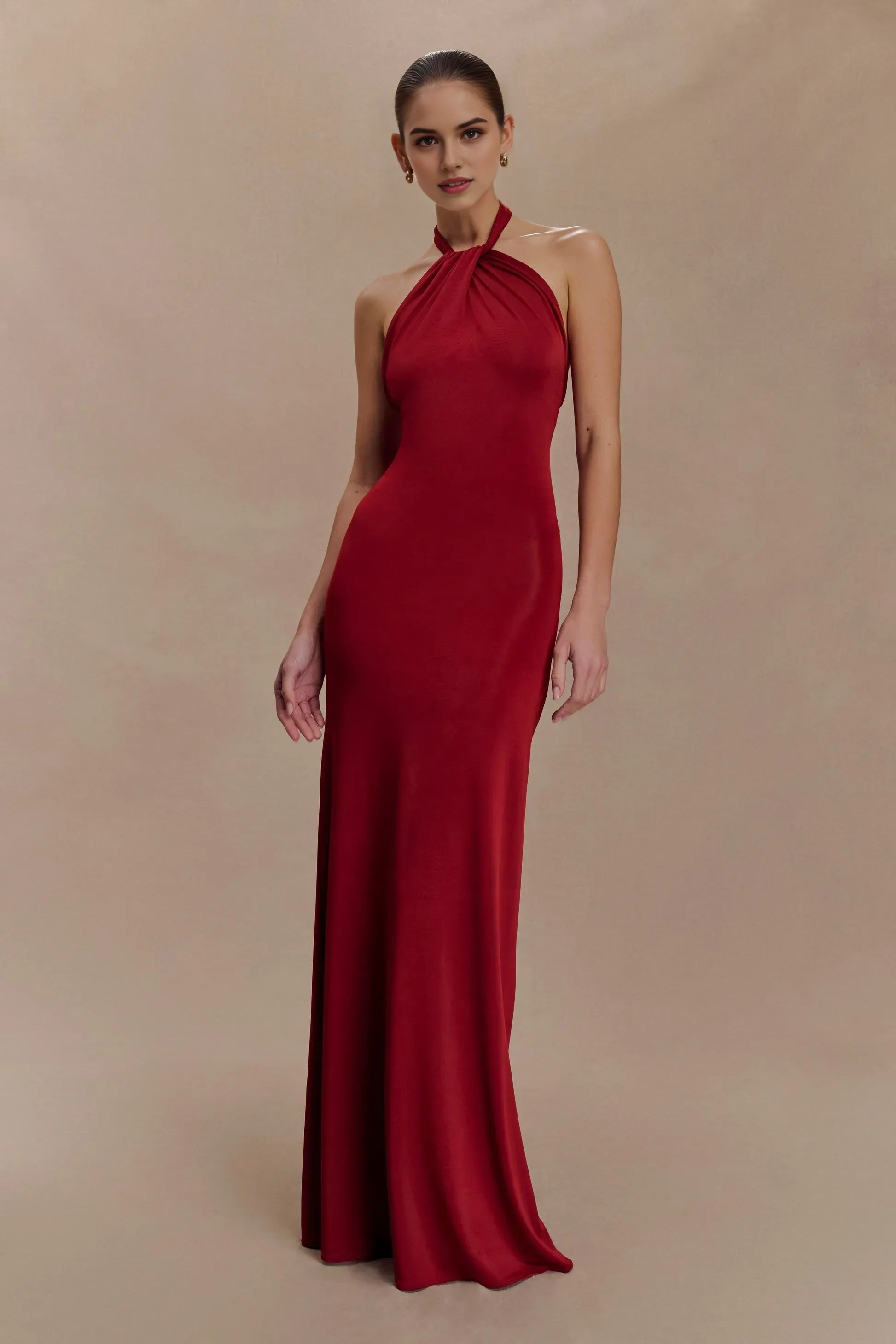 Elegant Deep Red Sheath Halter Neck Sleeveless Open Back Satin Floor-Length Prom Dresses