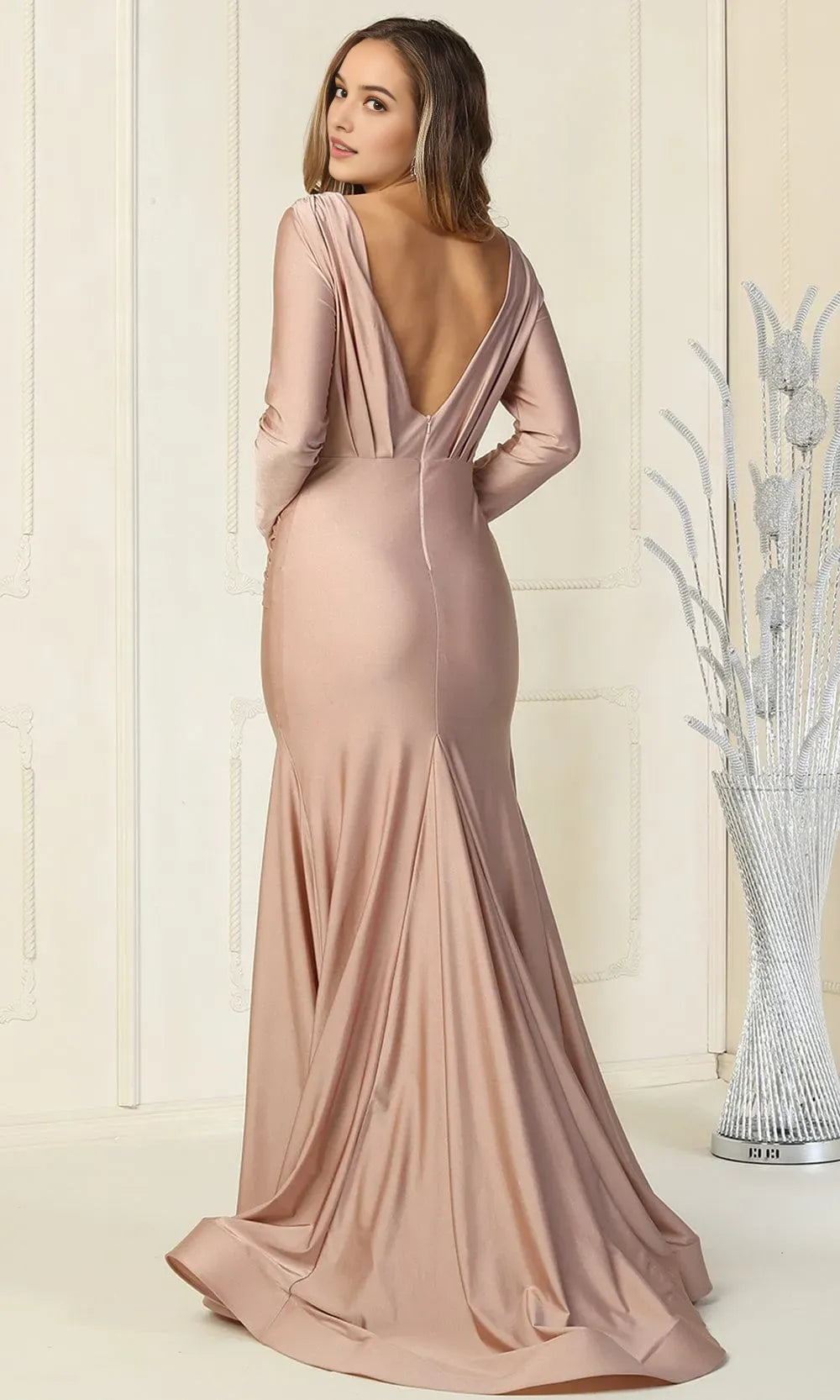 Elegant Deep V Neck Long Sleeve Ruched Satin Evening Dresses for Formal Occasions Mermaid  Style Maxi Dress for Women
