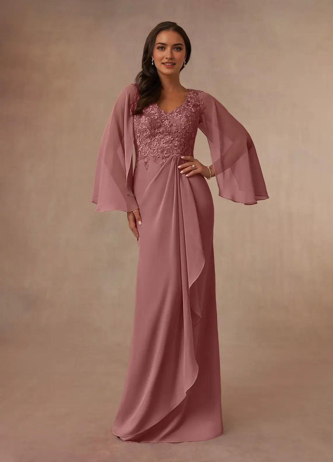 Elegant Desert Rose Mermaid V-Neck Lace Chiffon Mother of the Bride Dress Sheer Bell Sleeves Lace Embroidered Bodice Asymmetric Ruffled Skirt