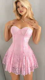 Elegant  Detachable Pink Lace A-line Short Homecoming Dress with Sheer Long Sleeves Cut Out Neckline Bow Detail