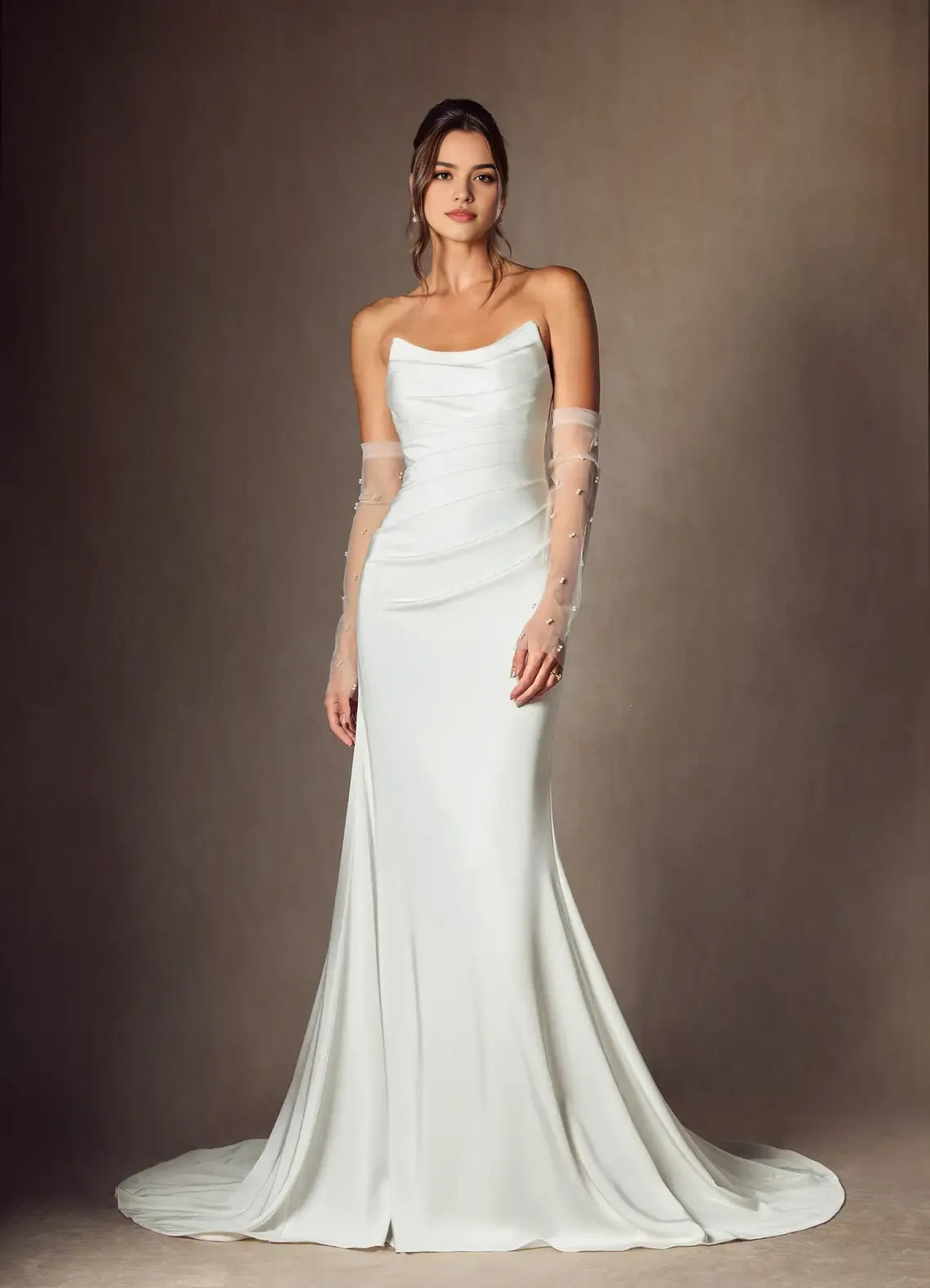 Elegant Diamond White Mermaid Strapless Crepe Back Satin Wedding Dress Cowl Neckline Ruched Bodice Wedding Dresses for Formal Weddings