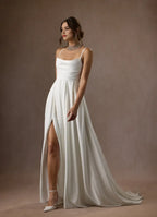 Elegant Diamond White Spaghetti Strap A-Line Scoop Pleated Crepe Back Satin  Wedding Dresses for women Hot Sale