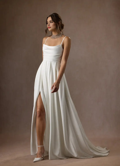 Elegant Diamond White Spaghetti Strap A-Line Scoop Pleated Crepe Back Satin  Wedding Dresses for women Hot Sale