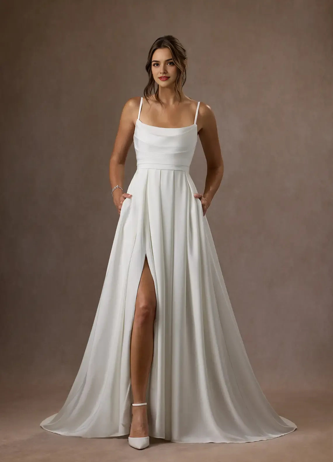 Elegant Diamond White Spaghetti Strap A-Line Scoop Pleated Crepe Back Satin  Wedding Dresses for women Hot Sale