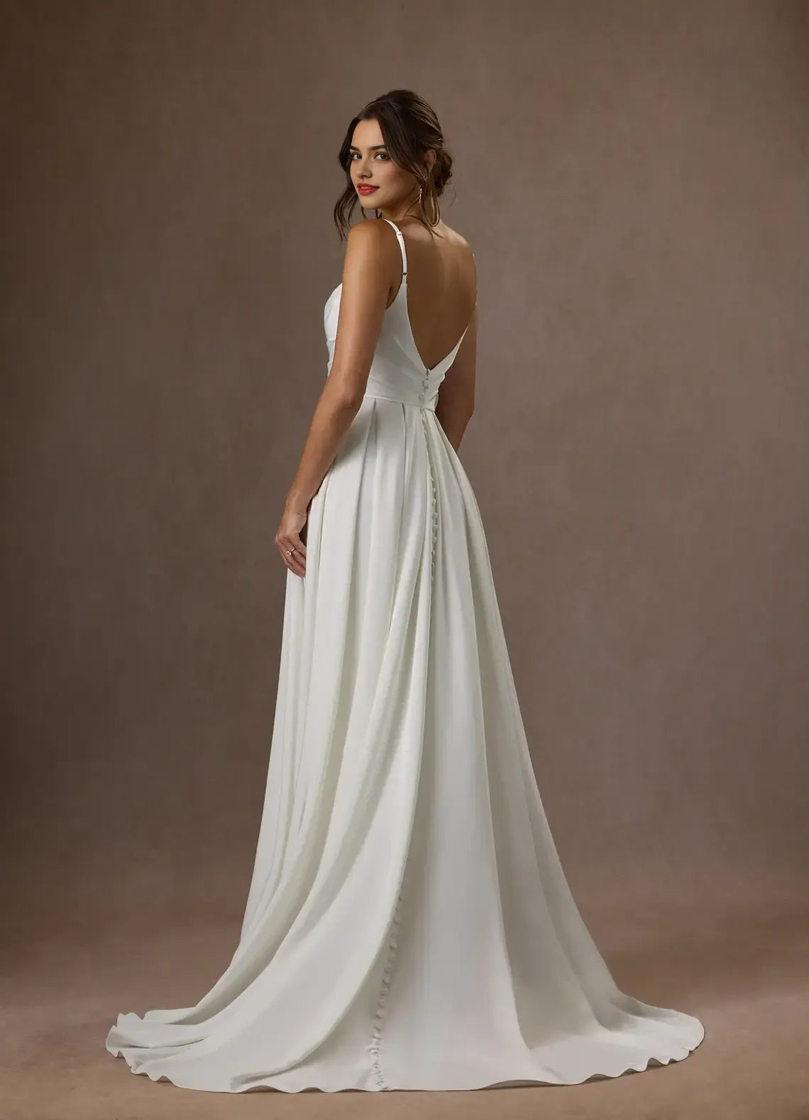 Elegant Diamond White Spaghetti Strap A-Line Scoop Pleated Crepe Back Satin  Wedding Dresses for women Hot Sale