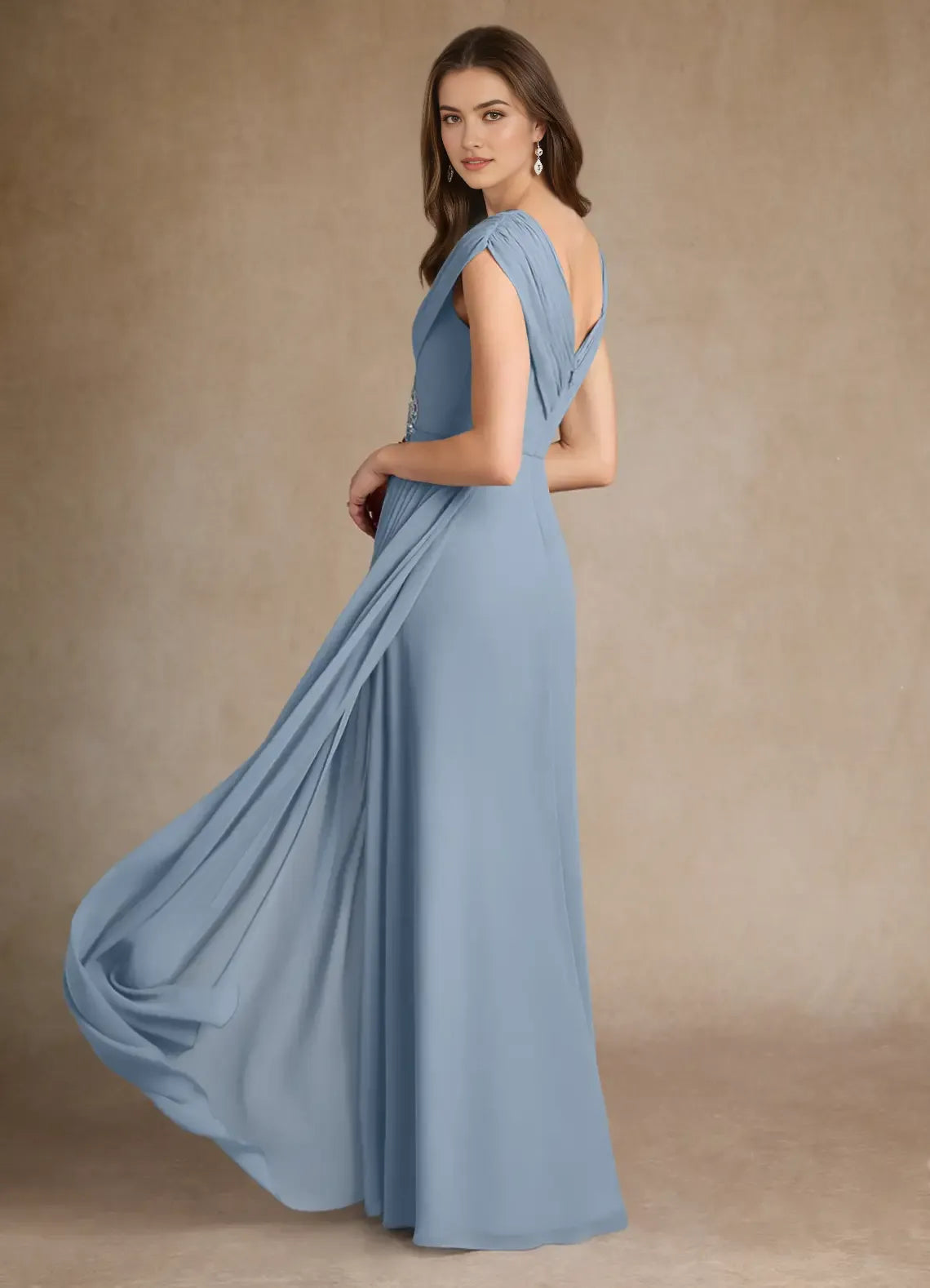 Elegant Dusty Blue A-Line Pleated Chiffon Mother of the Bride Dress Beaded V - Neck Cap Sleeves Draped Ruched Bodice Embellished Side Accent