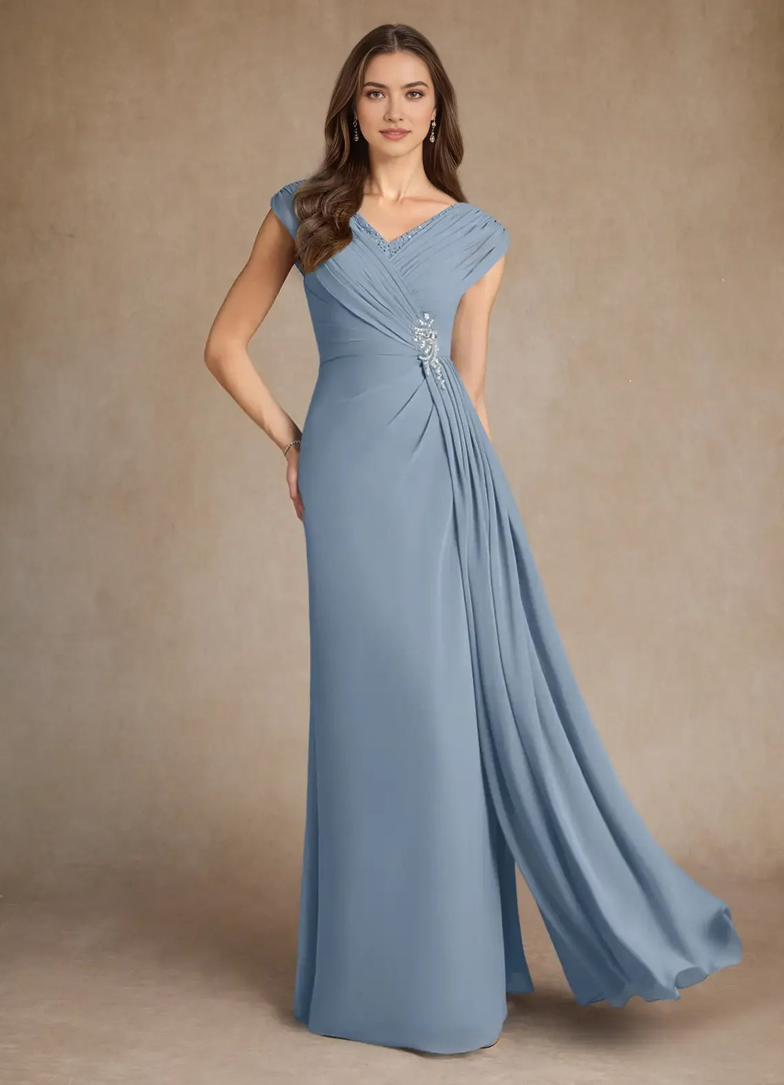 Elegant Dusty Blue A-Line Pleated Chiffon Mother of the Bride Dress Beaded V - Neck Cap Sleeves Draped Ruched Bodice Embellished Side Accent