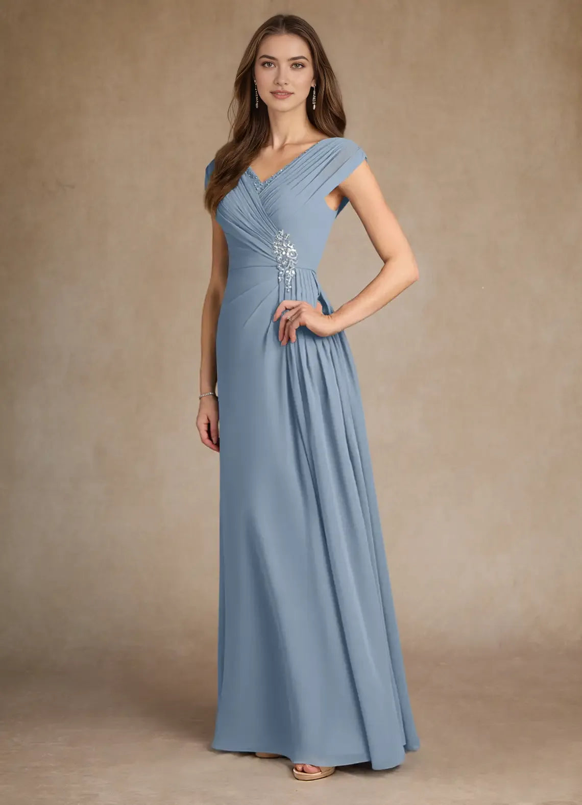 Elegant Dusty Blue A-Line Pleated Chiffon Mother of the Bride Dress Beaded V - Neck Cap Sleeves Draped Ruched Bodice Embellished Side Accent