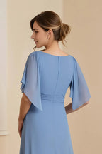 Elegant Dusty Blue A-Line V-Neck Flutter Sleeve Back Zip Floor-Length  Mother of the Bride Dress with Appliques