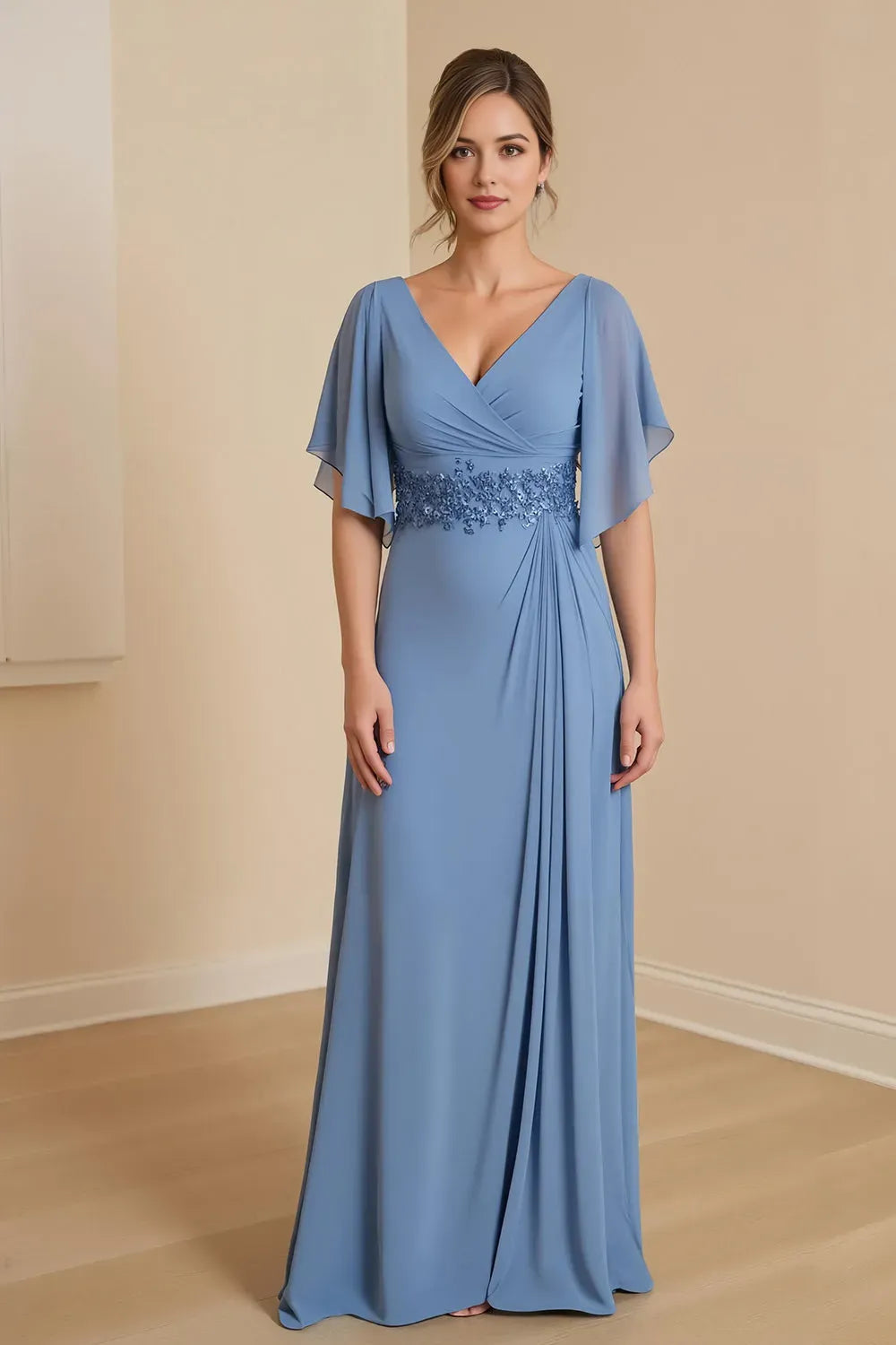 Elegant Dusty Blue A-Line V-Neck Flutter Sleeve Back Zip Floor-Length  Mother of the Bride Dress with Appliques