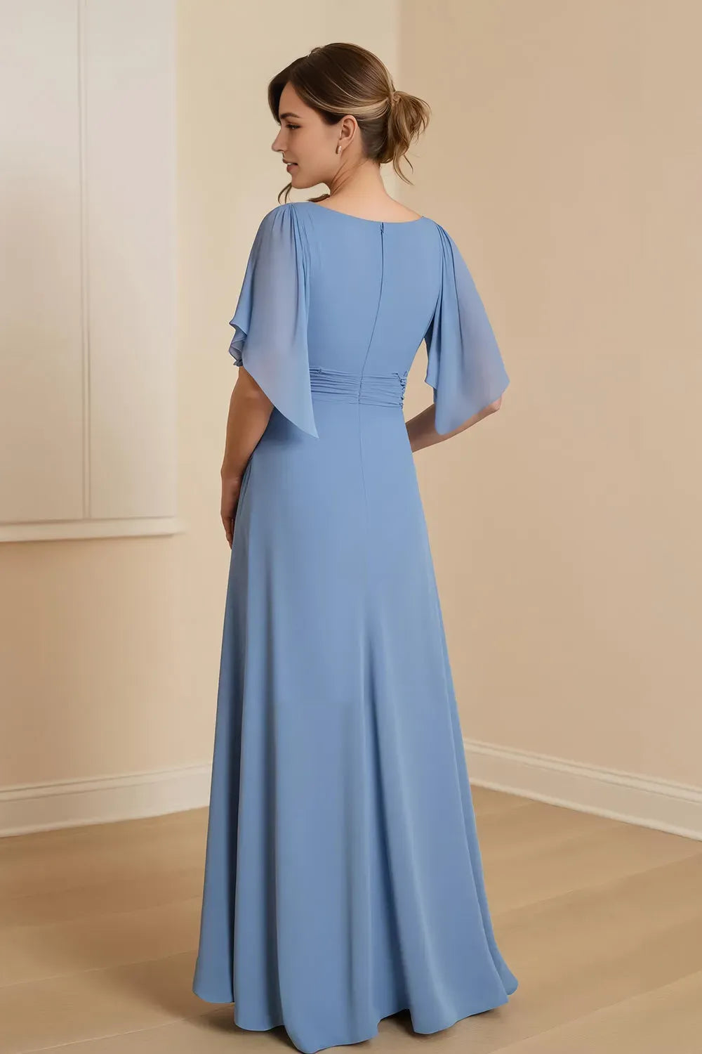 Elegant Dusty Blue A-Line V-Neck Flutter Sleeve Back Zip Floor-Length  Mother of the Bride Dress with Appliques
