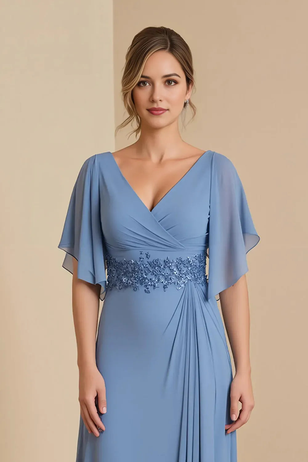 Elegant Dusty Blue A-Line V-Neck Flutter Sleeve Back Zip Floor-Length  Mother of the Bride Dress with Appliques