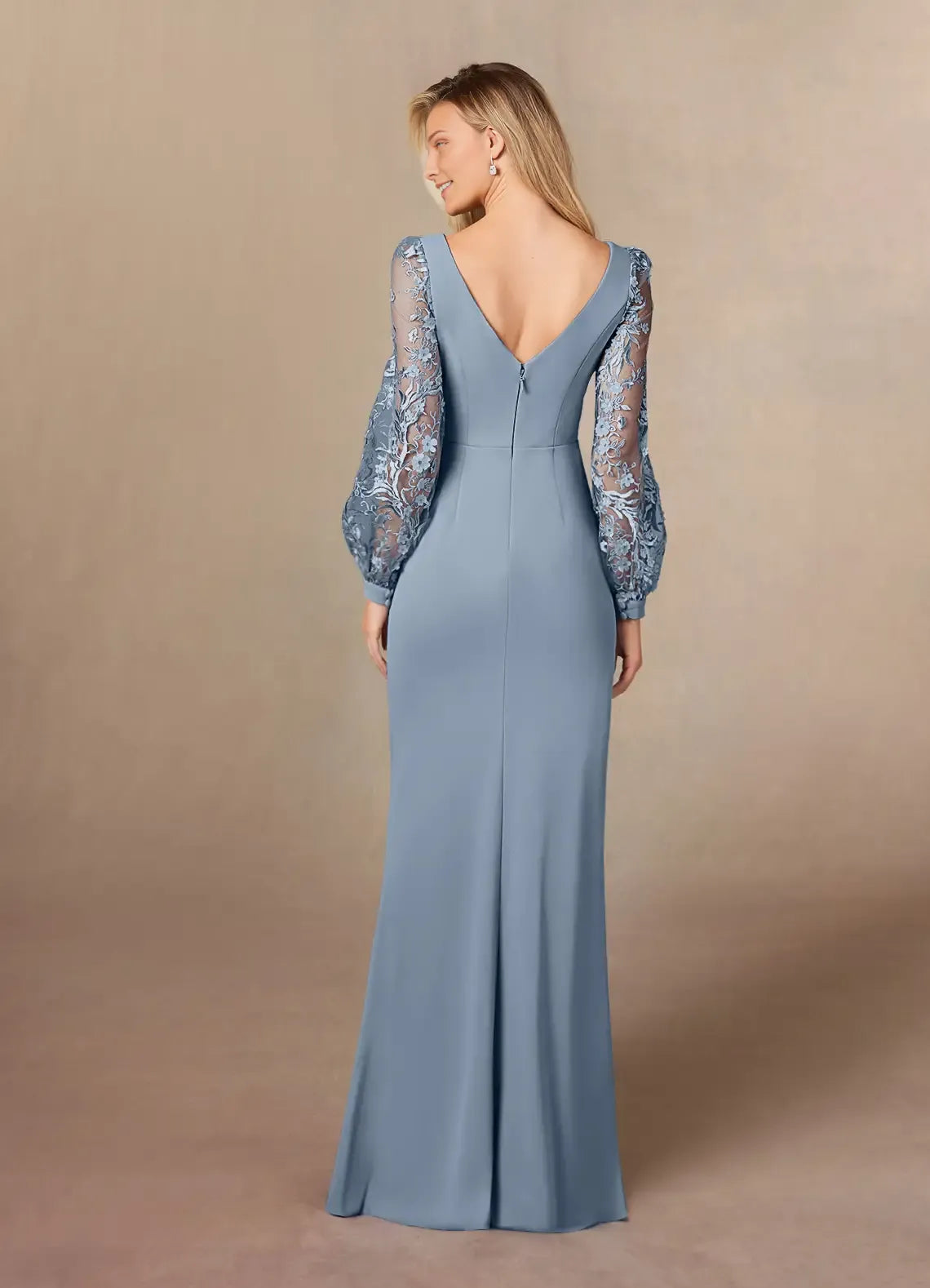 Elegant Dusty Blue Mother of the Bride Dress with Boat Neckline Lace Embroidered Lantern Sleeves Ruched Bodice and Mermaid Silhouette