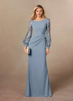Elegant Dusty Blue Mother of the Bride Dress with Boat Neckline Lace Embroidered Lantern Sleeves Ruched Bodice and Mermaid Silhouette